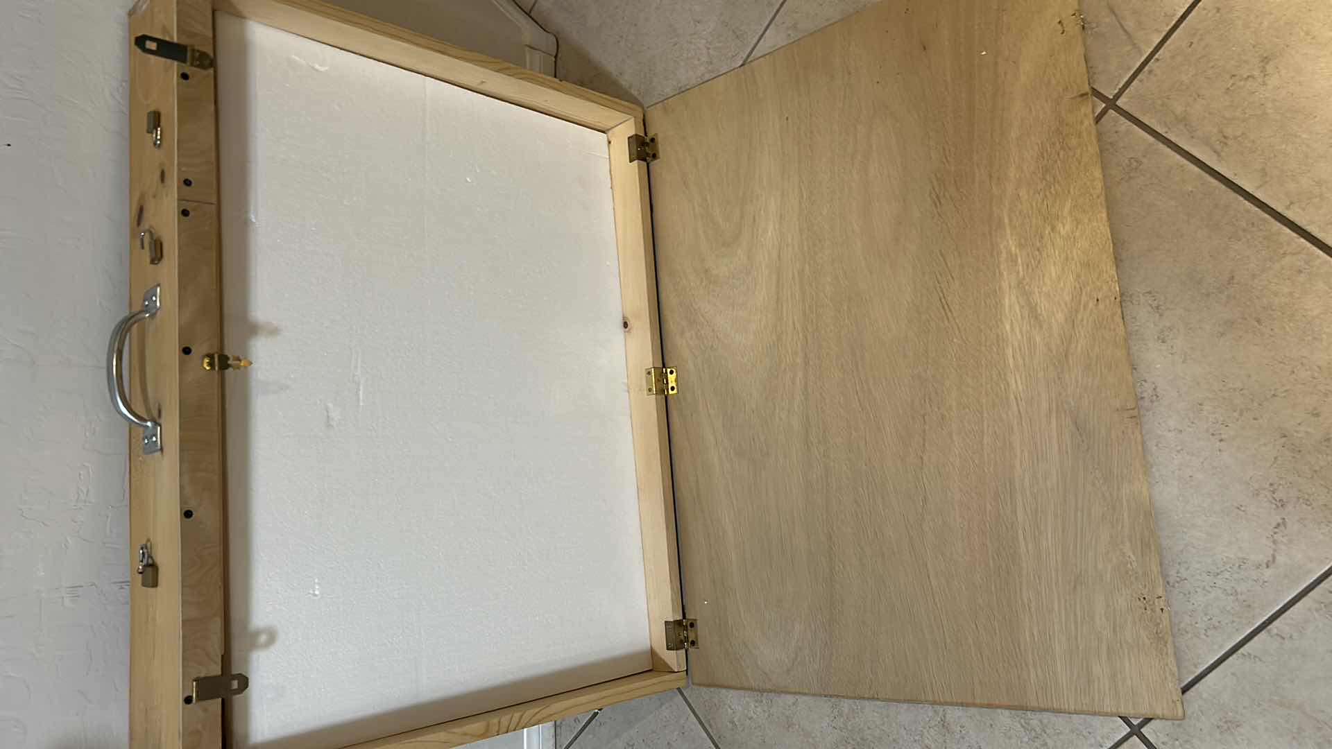 View 3 of WOODEN ARTWORK BOX W NATURAL FINISH METAL LATCHES & TOP HANDLE 34" X 6" H 26"