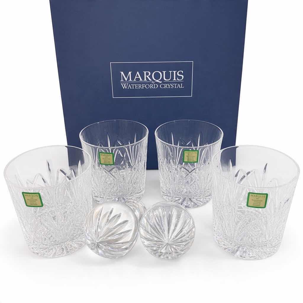 View 1 of MARQUIS BY WATERFORD 4 OLD-FASHIONED GLASSES AND TWO BOTTLE STOPPERS WITH BOX