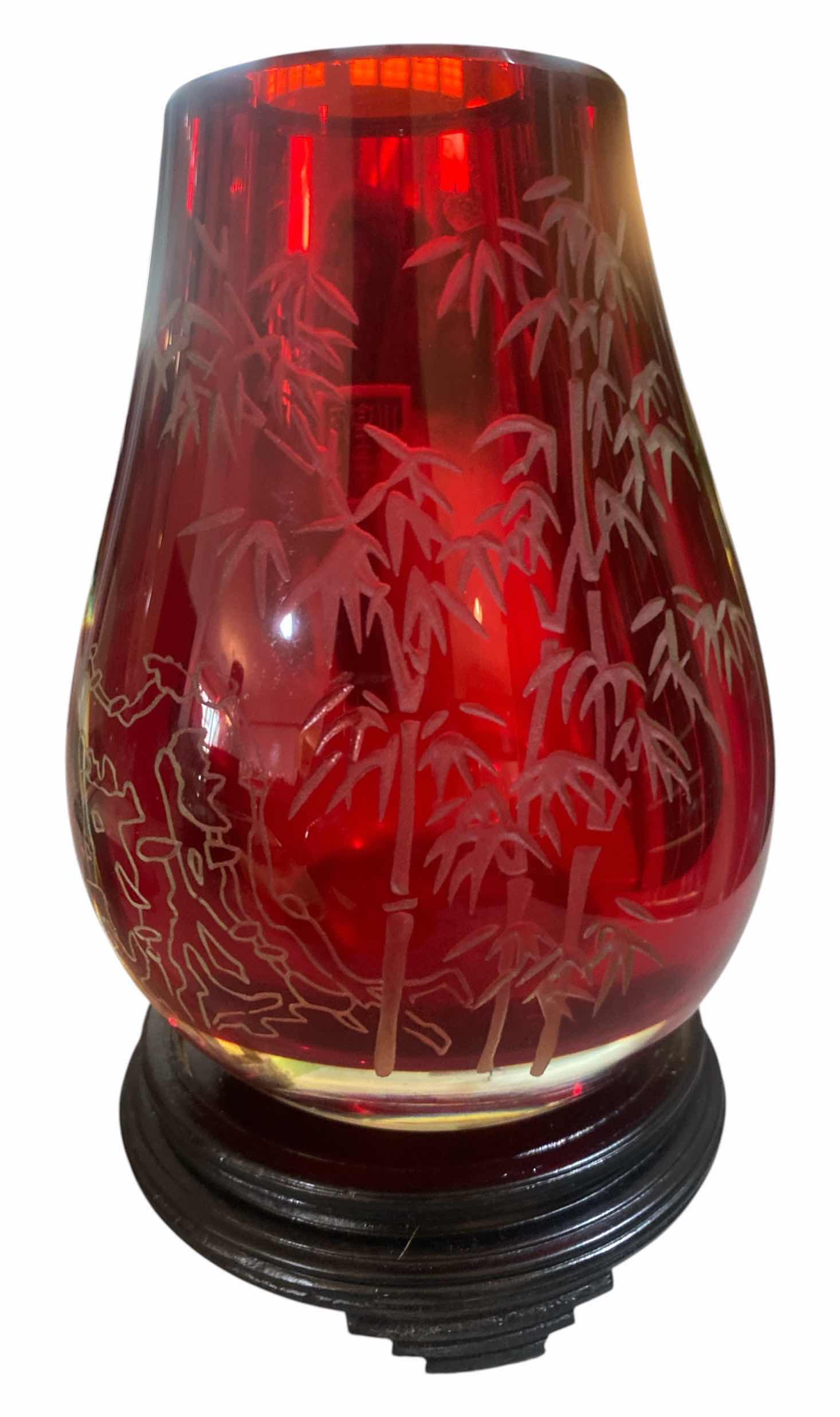 View 1 of VINTAGE RUBY RED CUT GLASS VASE WITH ETCHED BAMBOO DESIGN H7”