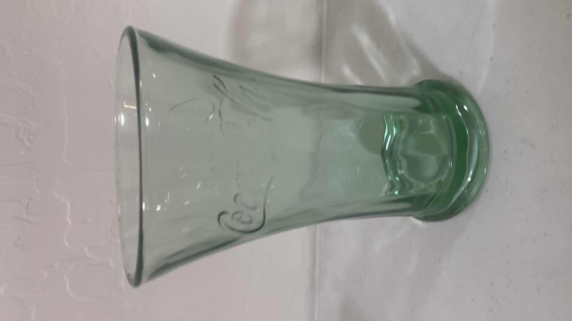 View 3 of CONTENTS ON SHELF – VINTAGE LIBBY GREEN GLASS COCA-COLA GLASSES (4)