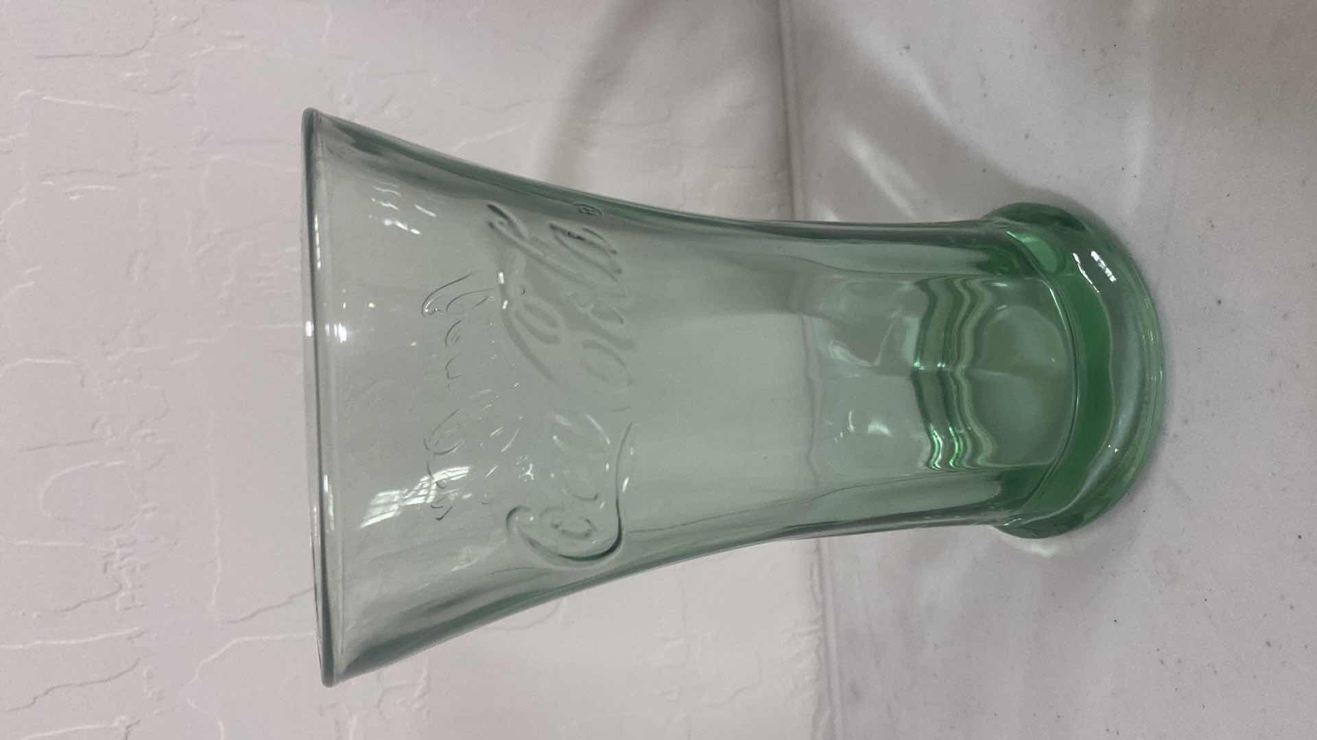 View 2 of CONTENTS ON SHELF – VINTAGE LIBBY GREEN GLASS COCA-COLA GLASSES (4)