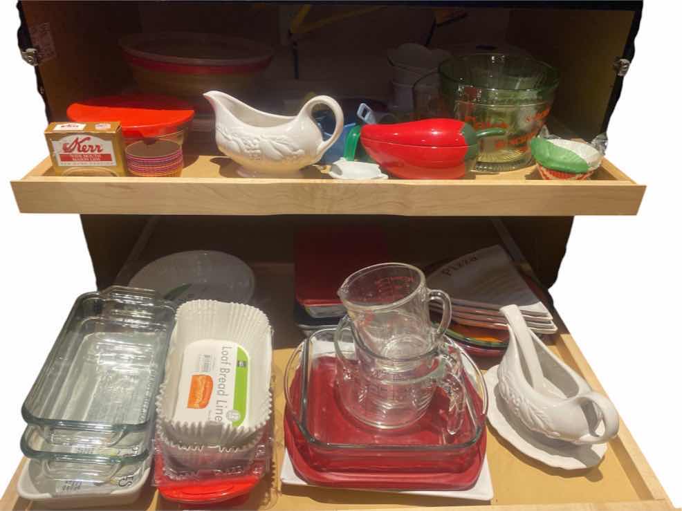 View 1 of CONTENTS KITCHEN CABINET – KITCHEN BASICS GLASS BAKEWARE MEASURING CUPS & MORE