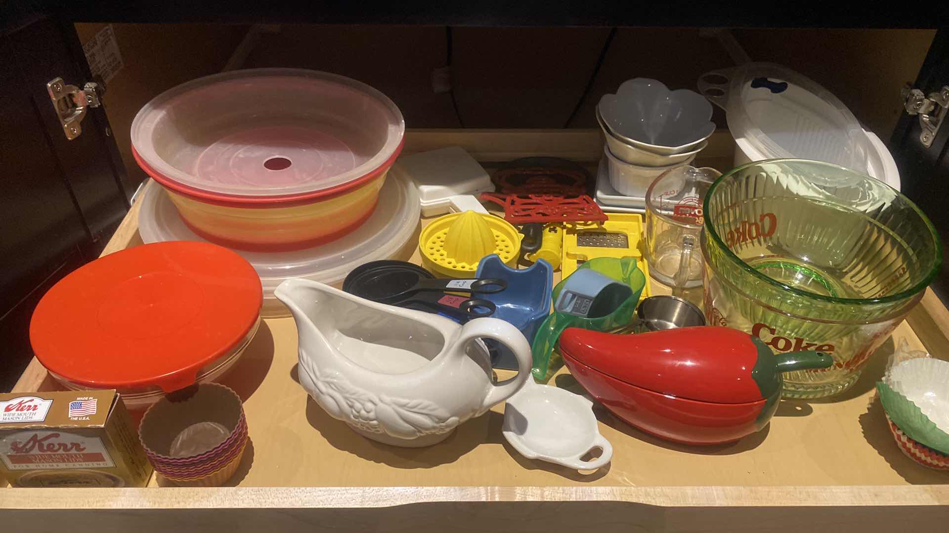 View 2 of CONTENTS KITCHEN CABINET – KITCHEN BASICS GLASS BAKEWARE MEASURING CUPS & MORE