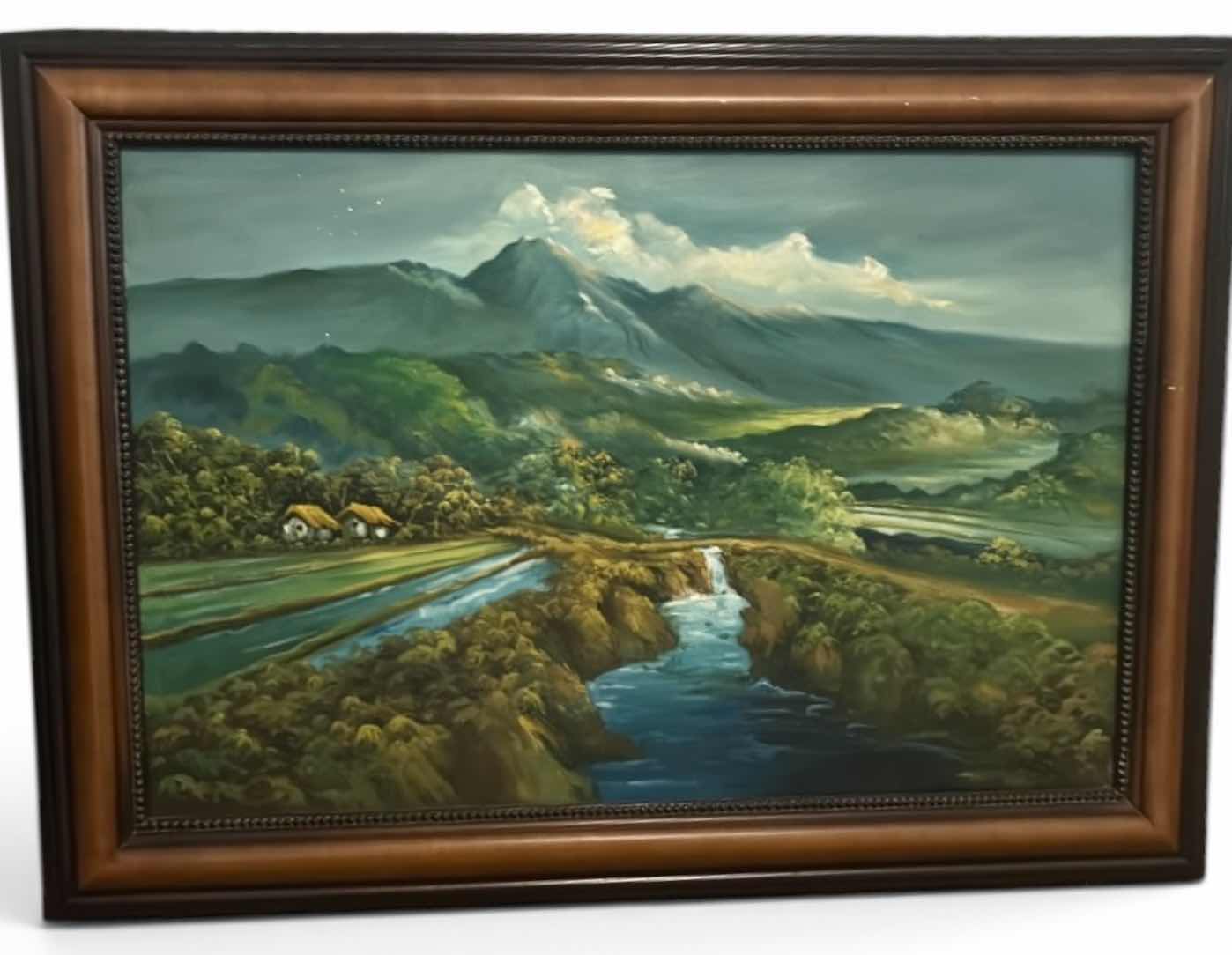 View 1 of WOOD FRAMED OIL ON CANVAS PAINTING, TROPICAL LANDSCAPE ARTWORK, 43 1/2“ x H31 1/2“