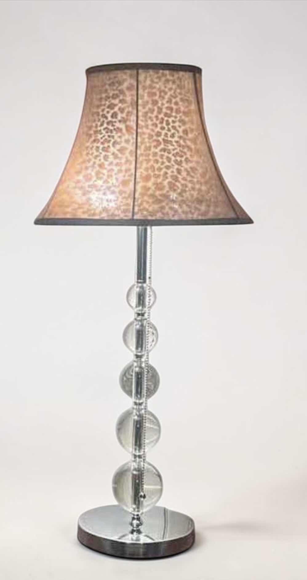 View 1 of STACKED CRYSTAL BALL TABLE LAMP WITH CHROME BASE AND PATTERNED FABRIC SHADE . H33”