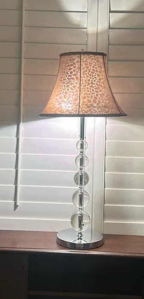 View 2 of STACKED CRYSTAL BALL TABLE LAMP WITH CHROME BASE AND PATTERNED FABRIC SHADE . H33”
