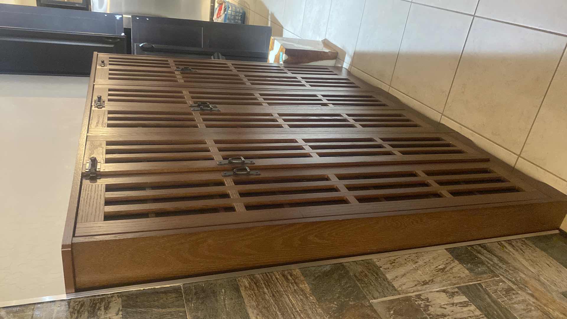 View 2 of MISSION STYLE GLASS DOOR MULTIMEDIA CABINET WITH WALNUT STAIN STAINED OAK VENEER 70” X 10” H 61 1/2”