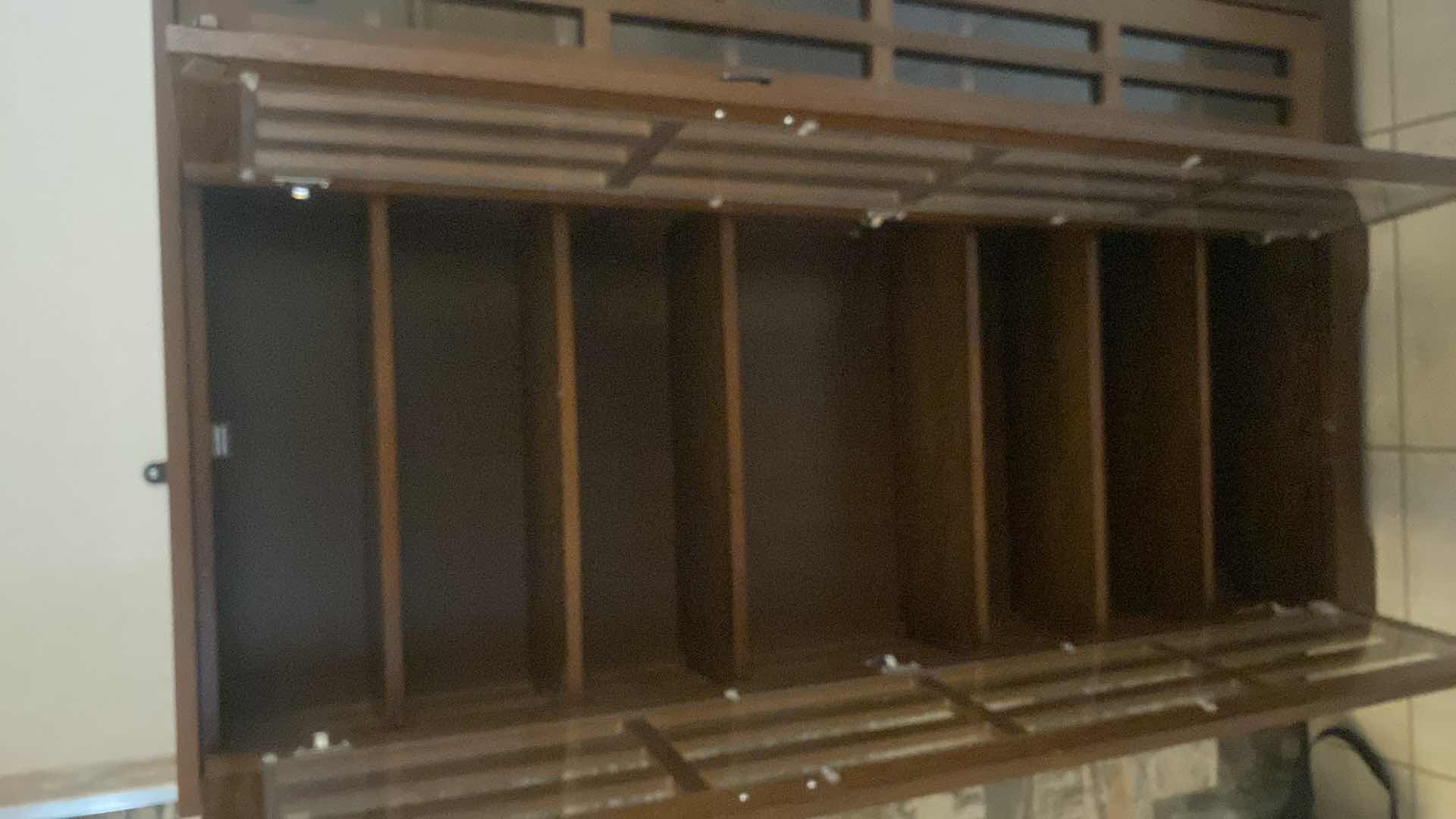View 4 of MISSION STYLE GLASS DOOR MULTIMEDIA CABINET WITH WALNUT STAIN STAINED OAK VENEER 70” X 10” H 61 1/2”