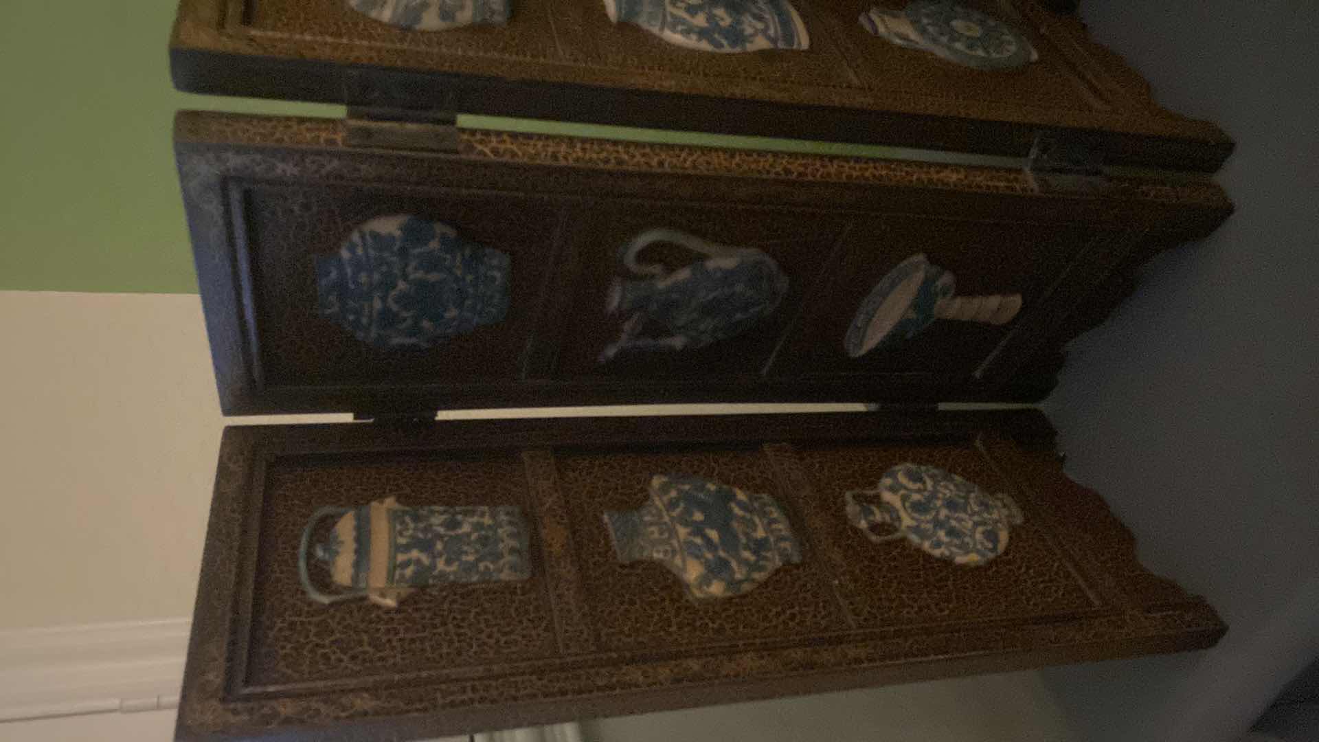 View 2 of VINTAGE FOUR PANEL TABLETOP FOLDING SCREEN WITH RELIEF, BLUE AND WHITE PORCELAIN VASES (MEASUREMENTS IS THE SIZE OF ONE PANEL 6” X 16 1/2”
