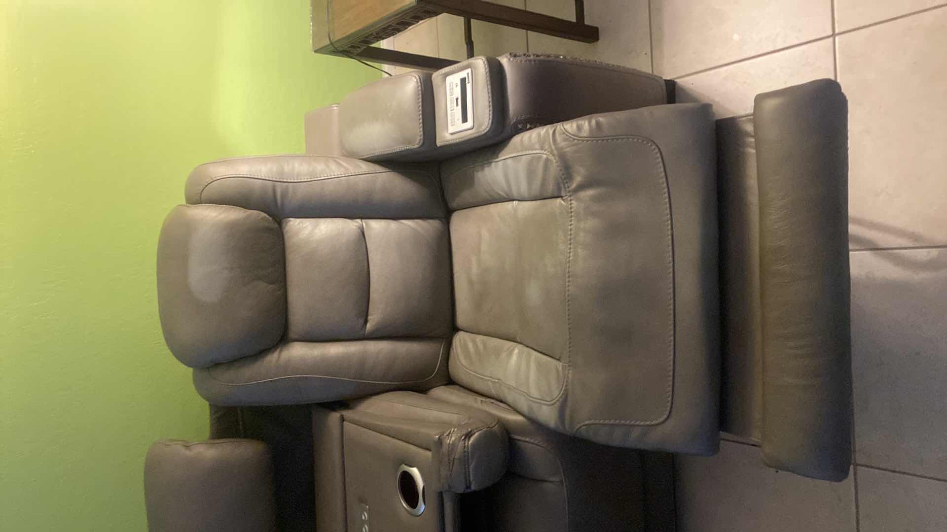 View 2 of 86” GRAY LEATHER POWER RECLINING SOFA WITH CENTER DROP-DOWN CONSOLE