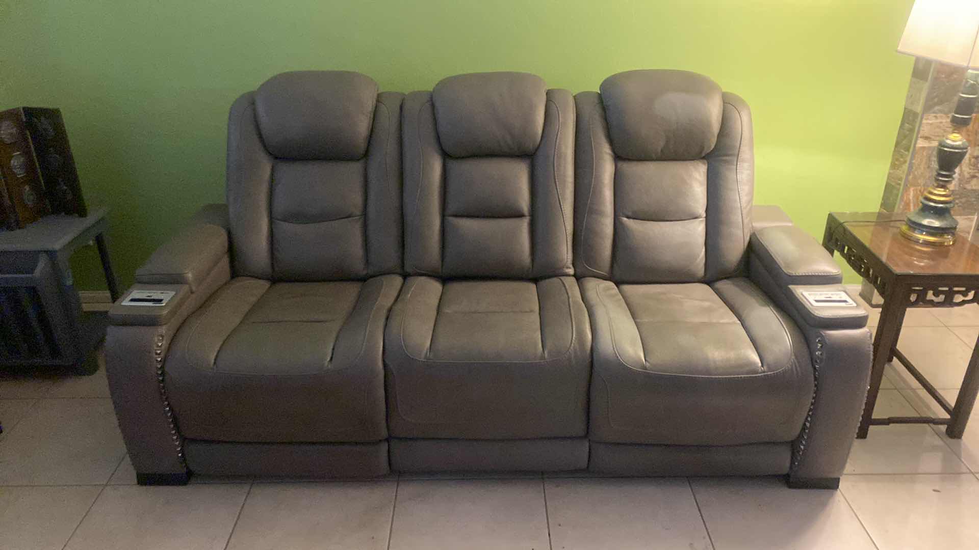View 7 of 86” GRAY LEATHER POWER RECLINING SOFA WITH CENTER DROP-DOWN CONSOLE