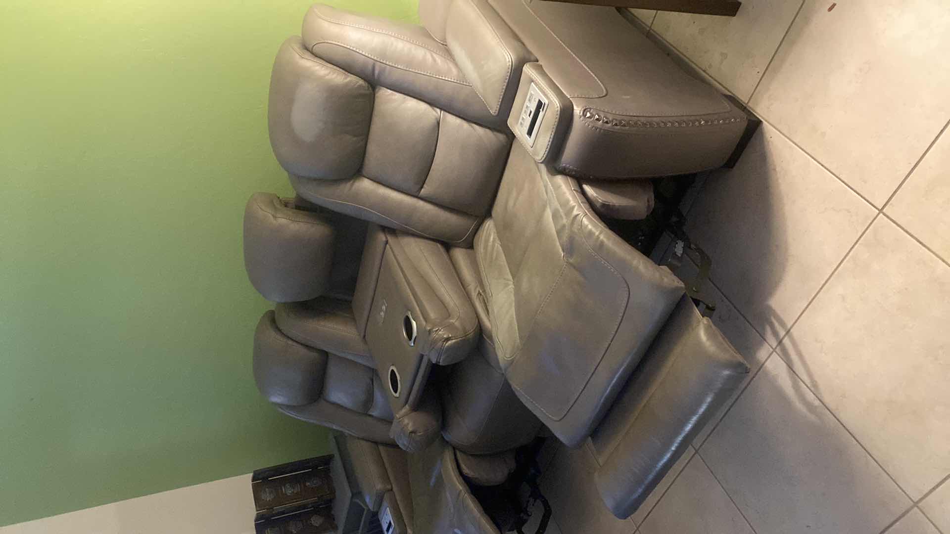View 3 of 86” GRAY LEATHER POWER RECLINING SOFA WITH CENTER DROP-DOWN CONSOLE