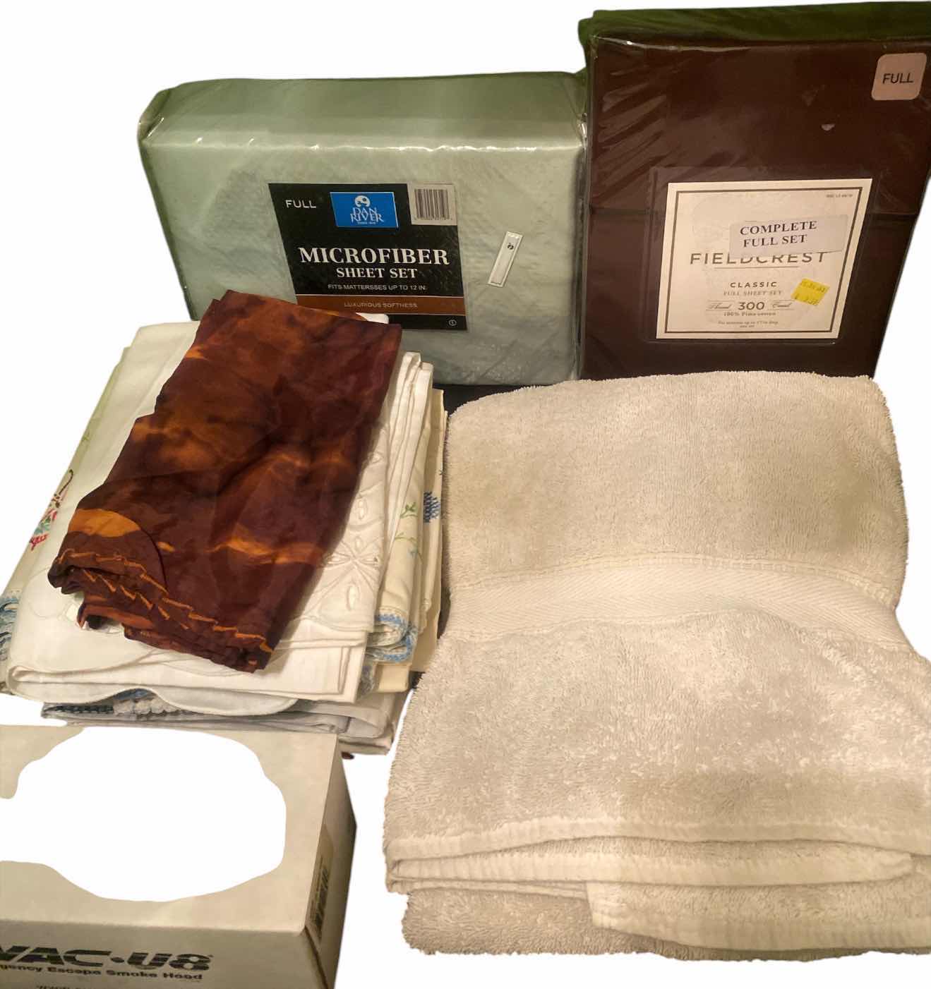 View 1 of NEW FULL SIZE SHEETS (2) PILLOWCASES TOWEL AND EMERGENCY ESCAPE SMOKE HOOD