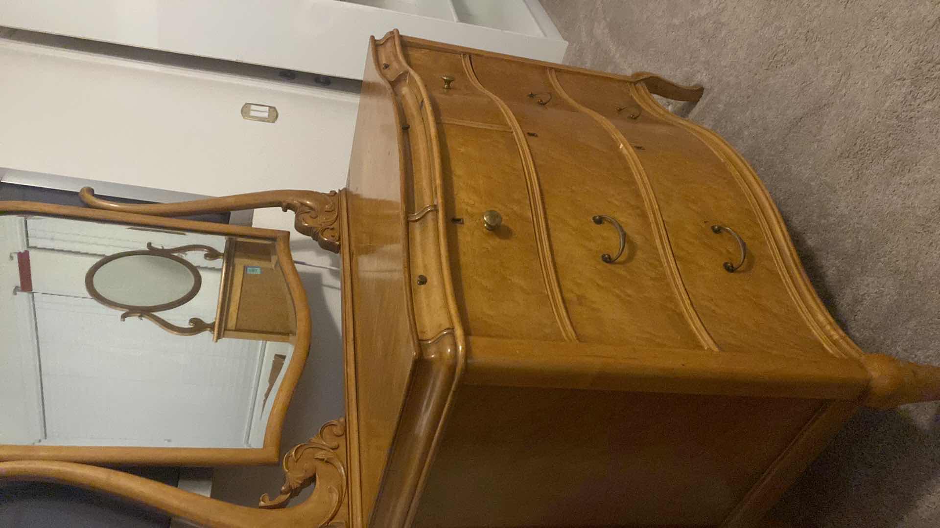 View 3 of ANTIQUE POST GOLD RUSH BIRDSEYE MAPLE 7 DRAWER DRESSER WITH SERPENTINE FRONT WITH MIRROR 43“ X 22“ H 35 1/2” (MATCHING PIECES AVAILABLE SOLD SEPARATELY)