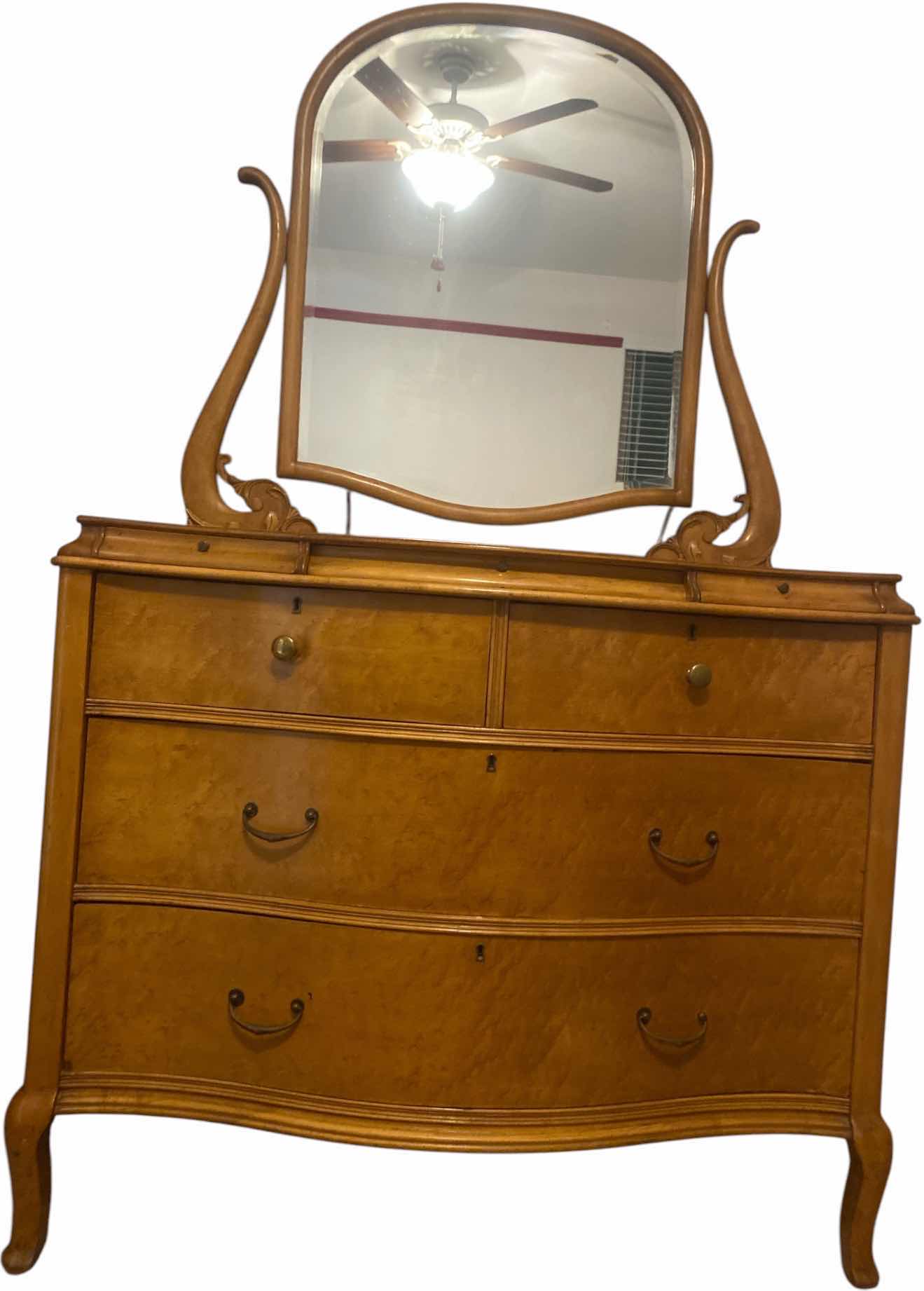 View 1 of ANTIQUE POST GOLD RUSH BIRDSEYE MAPLE 7 DRAWER DRESSER WITH SERPENTINE FRONT WITH MIRROR 43“ X 22“ H 35 1/2” (MATCHING PIECES AVAILABLE SOLD SEPARATELY)