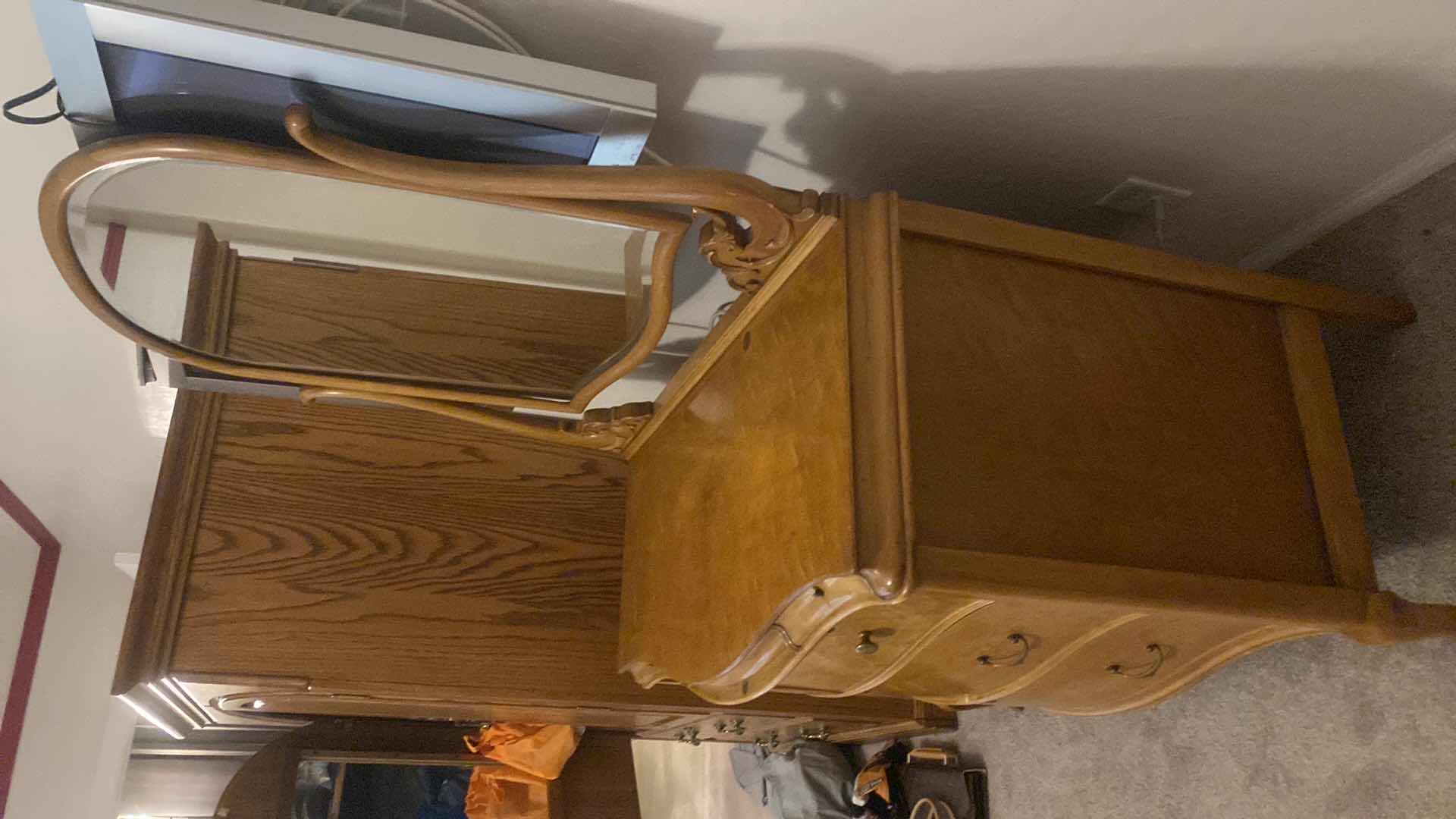 View 2 of ANTIQUE POST GOLD RUSH BIRDSEYE MAPLE 7 DRAWER DRESSER WITH SERPENTINE FRONT WITH MIRROR 43“ X 22“ H 35 1/2” (MATCHING PIECES AVAILABLE SOLD SEPARATELY)