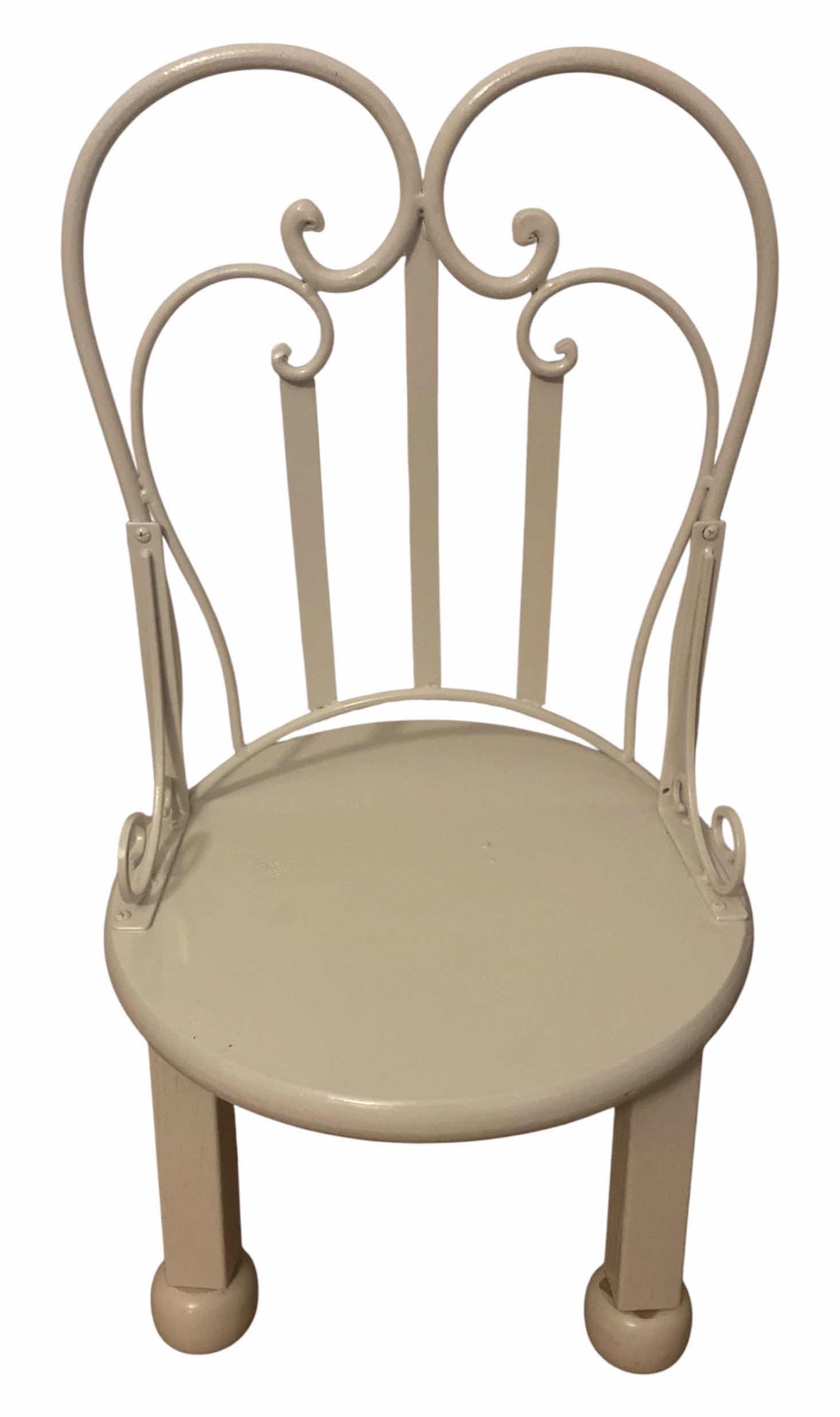 View 1 of VINTAGE DECORATIVE WHITE METAL SCROLL BACK CHILD’S CHAIR H 29“
