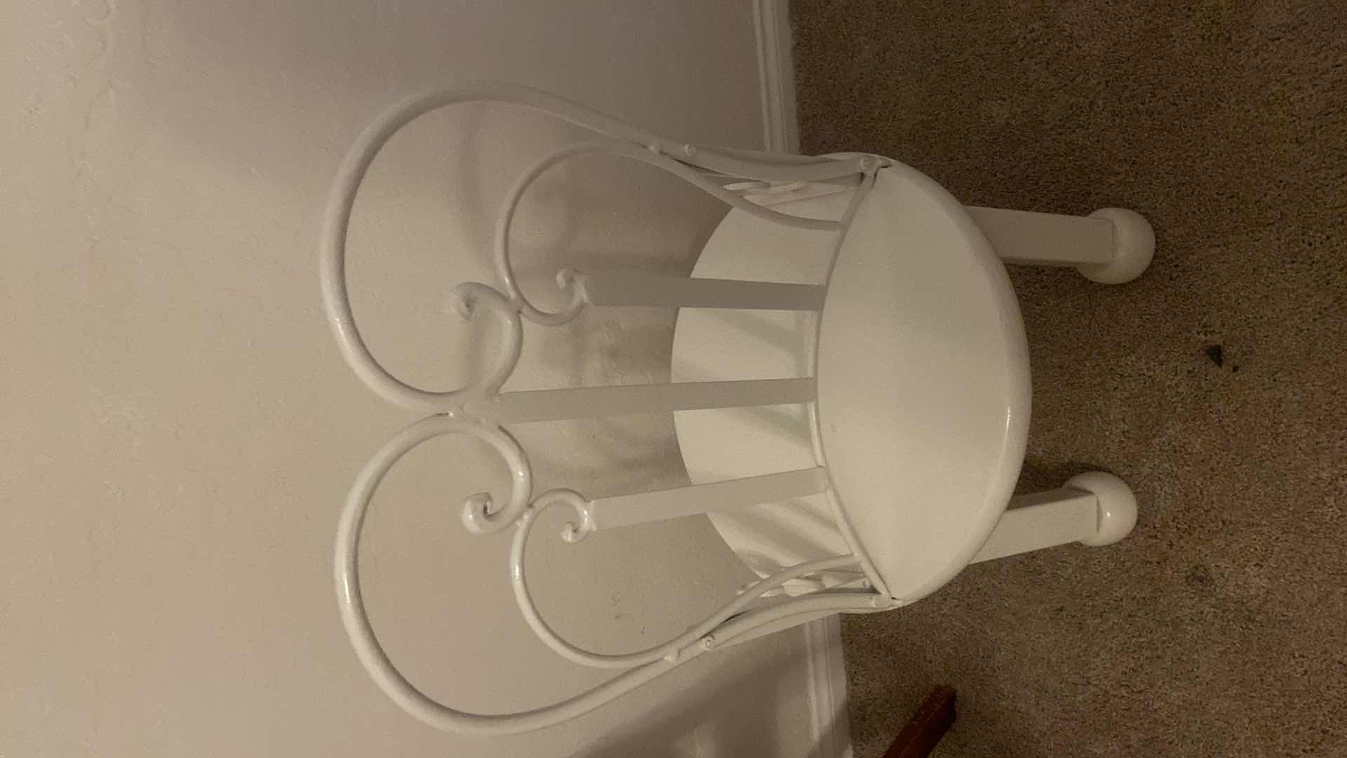 View 3 of VINTAGE DECORATIVE WHITE METAL SCROLL BACK CHILD’S CHAIR H 29“