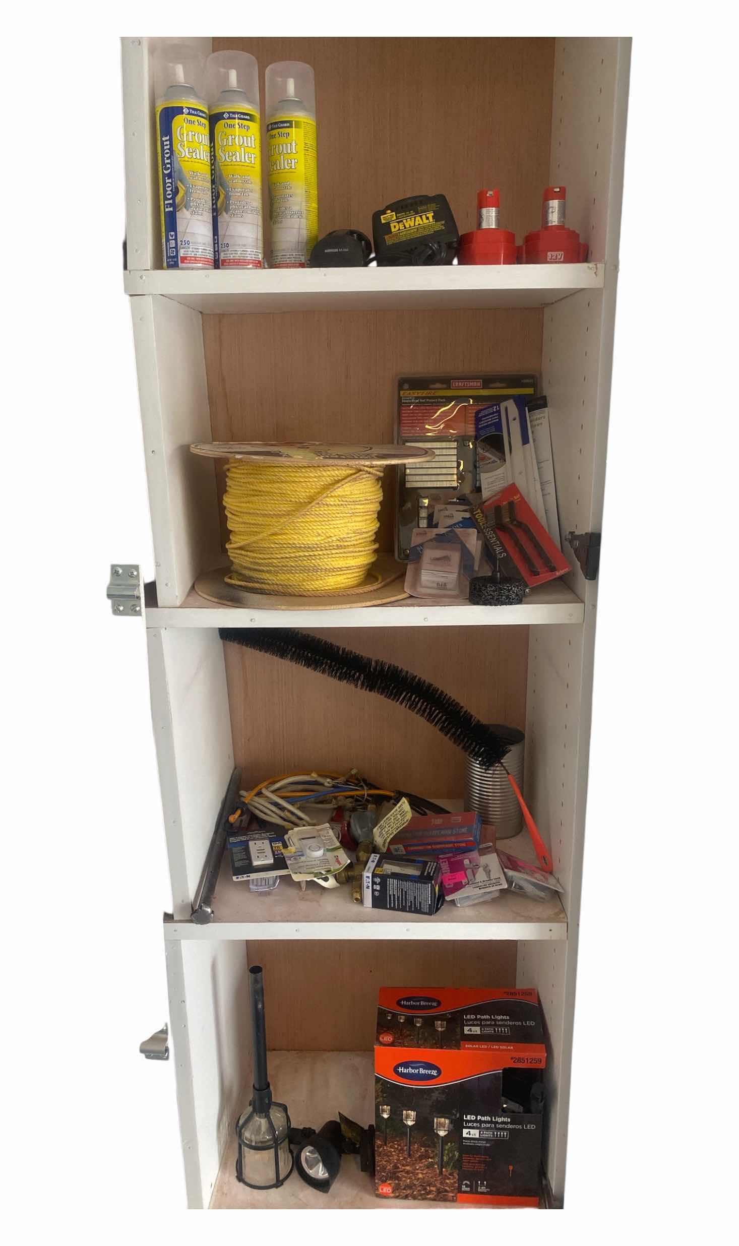 View 1 of CONTENTS GARAGE CABINET – LED SOLAR LIGHTS ELECTRIC ELECTRICAL ROPE AND MORE