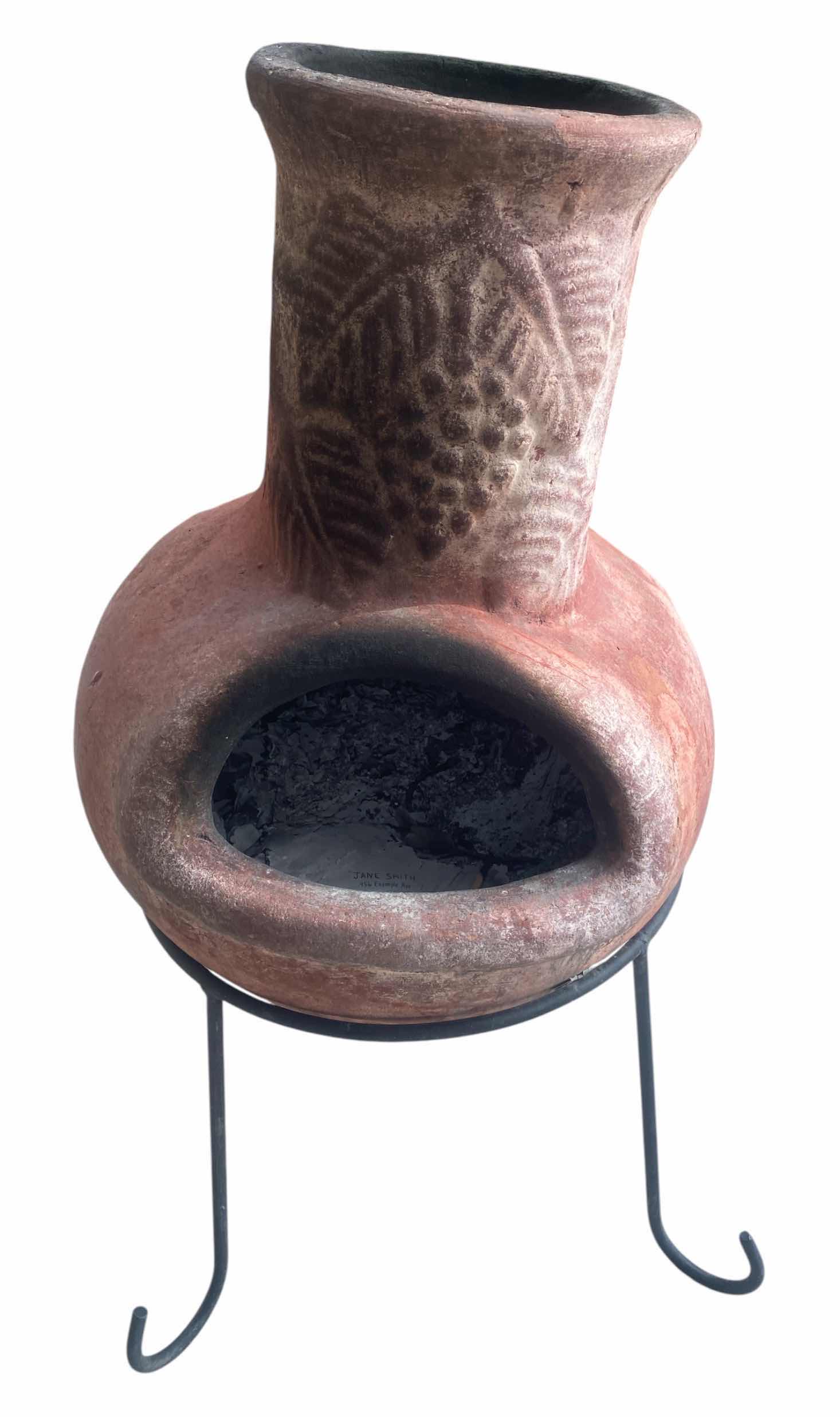 View 1 of TRADITIONAL WOOD-BURNING CLAY CHIMENEA WITH STAND H28”