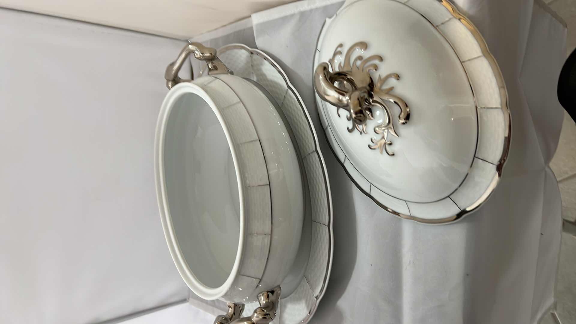 Photo 1 of VINTAGE CHINA “SILVER EMBOSSED” THUN LARGE SOUP SERVING BOWL WITH LID (PART OF FULL CHINA SET SOLD SEPARATELY)