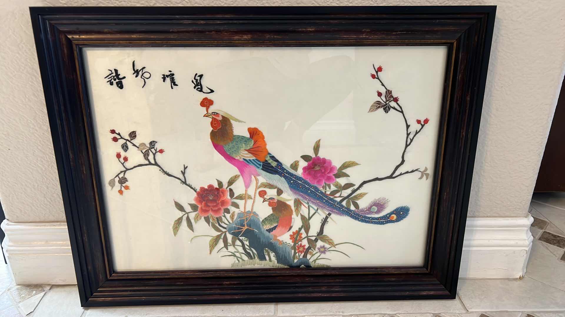 Photo 1 of ARTWORK-VINTAGE CHINESE SILK-BIRDS FRAMED HAND STITCHED SILK SCARF 24”X 18”H