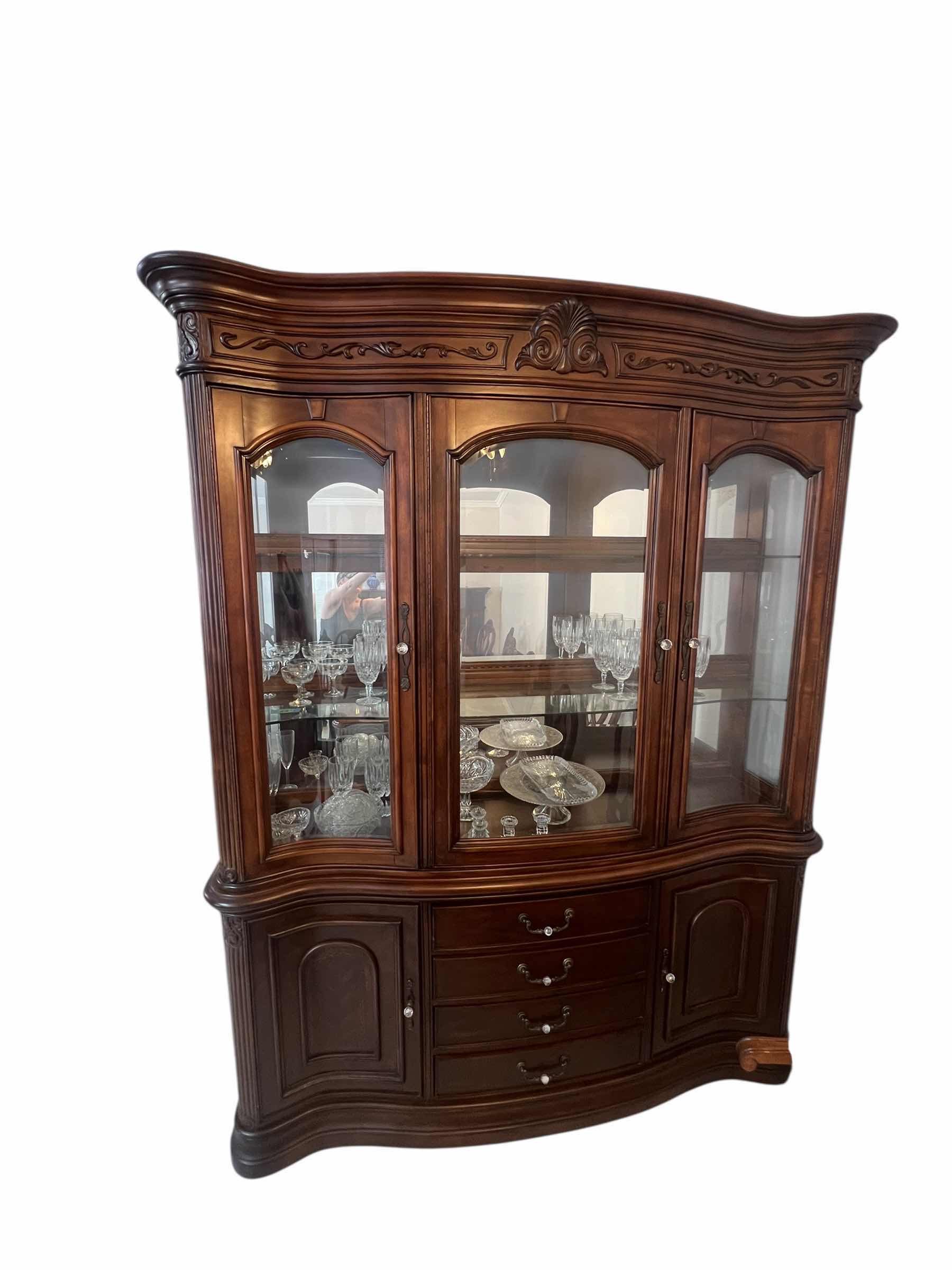 Photo 1 of VINTAGE INSPIRED-LARGE CHINA CABINET. “MICHAEL AMINI” SIGNATURE SERIES TWO PIECE TOUCH LIGHTING GLASS HUTCH. 89” H IN TOTAL. BOTTOM PIECE IS 34”H. 67”W  19” DEEP.