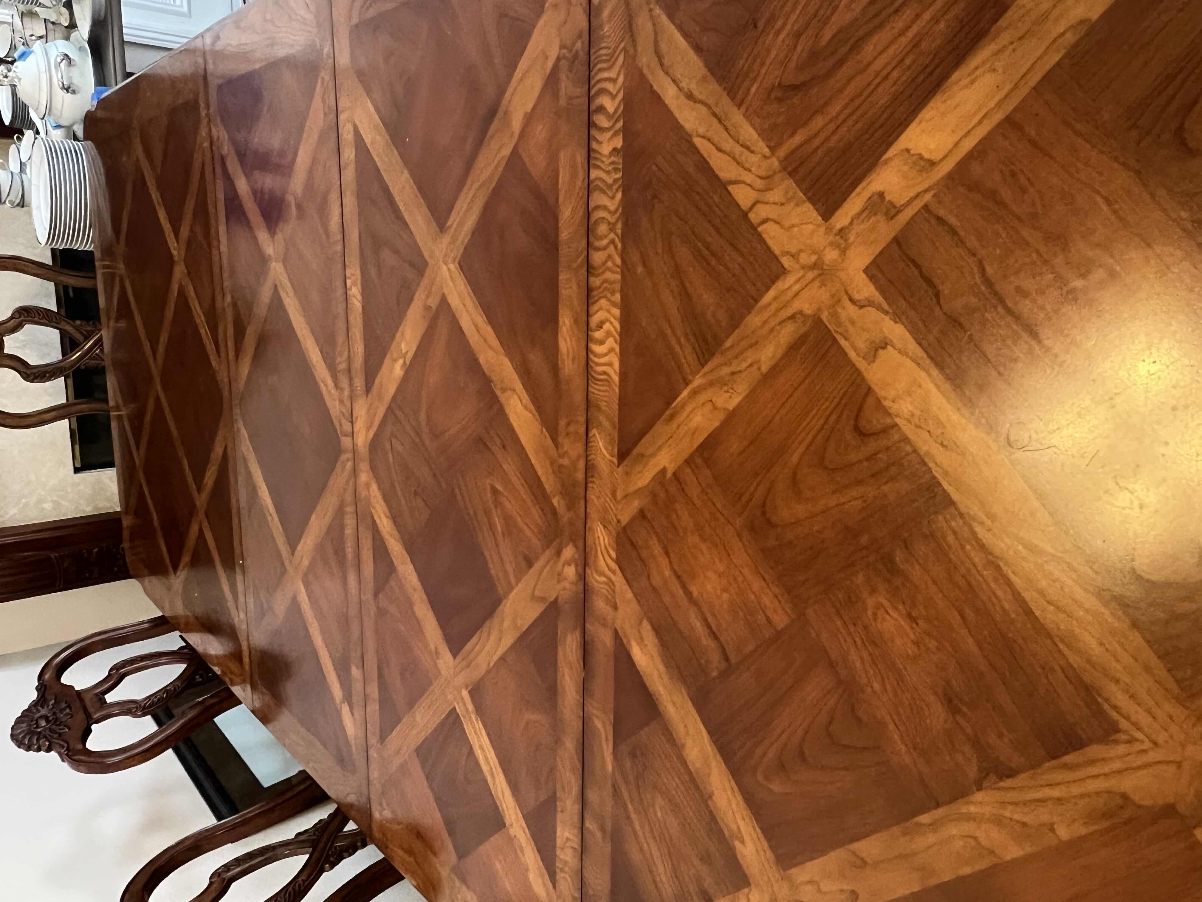 Photo 1 of LARGE 10 PERSON SOLID WOOD VINTAGE INSPIRED 109” x 44” x 31”H DINING TABLE. HAS TWO LEAF EXTENDERS.