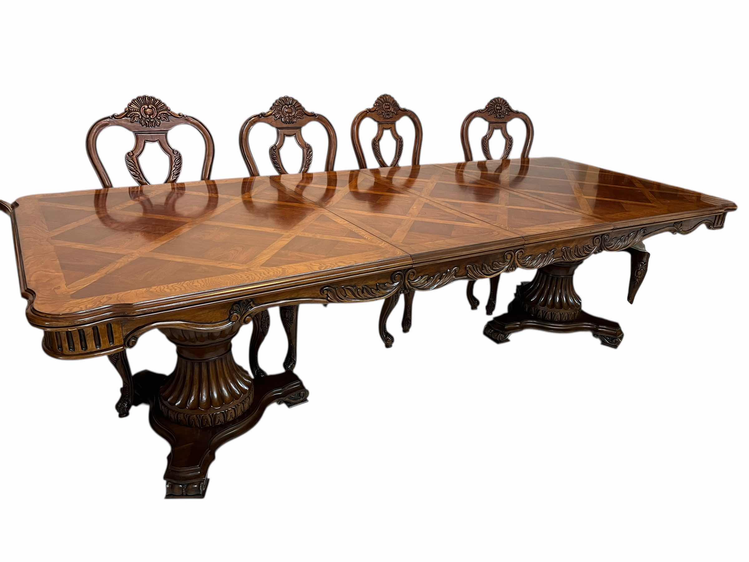 Photo 1 of LARGE 10 PERSON SOLID WOOD VINTAGE INSPIRED 109” x 44” x 31”H DINING TABLE. HAS TWO LEAF EXTENDERS.