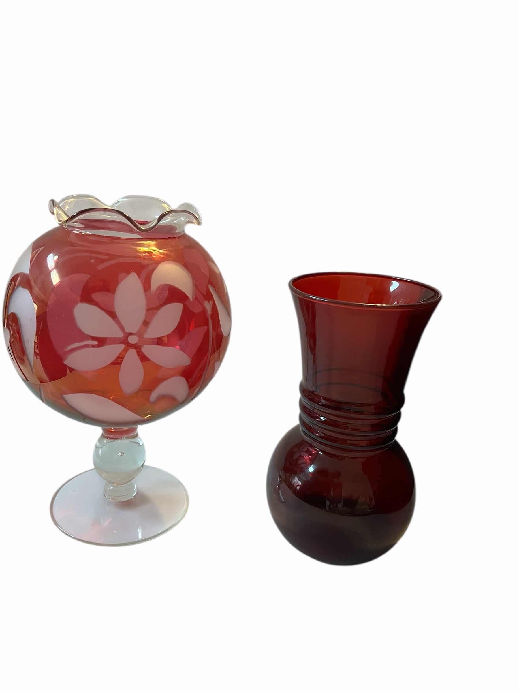 Photo 1 of VINTAGE ETCHED GLASS VASES. CRANBERRY.
