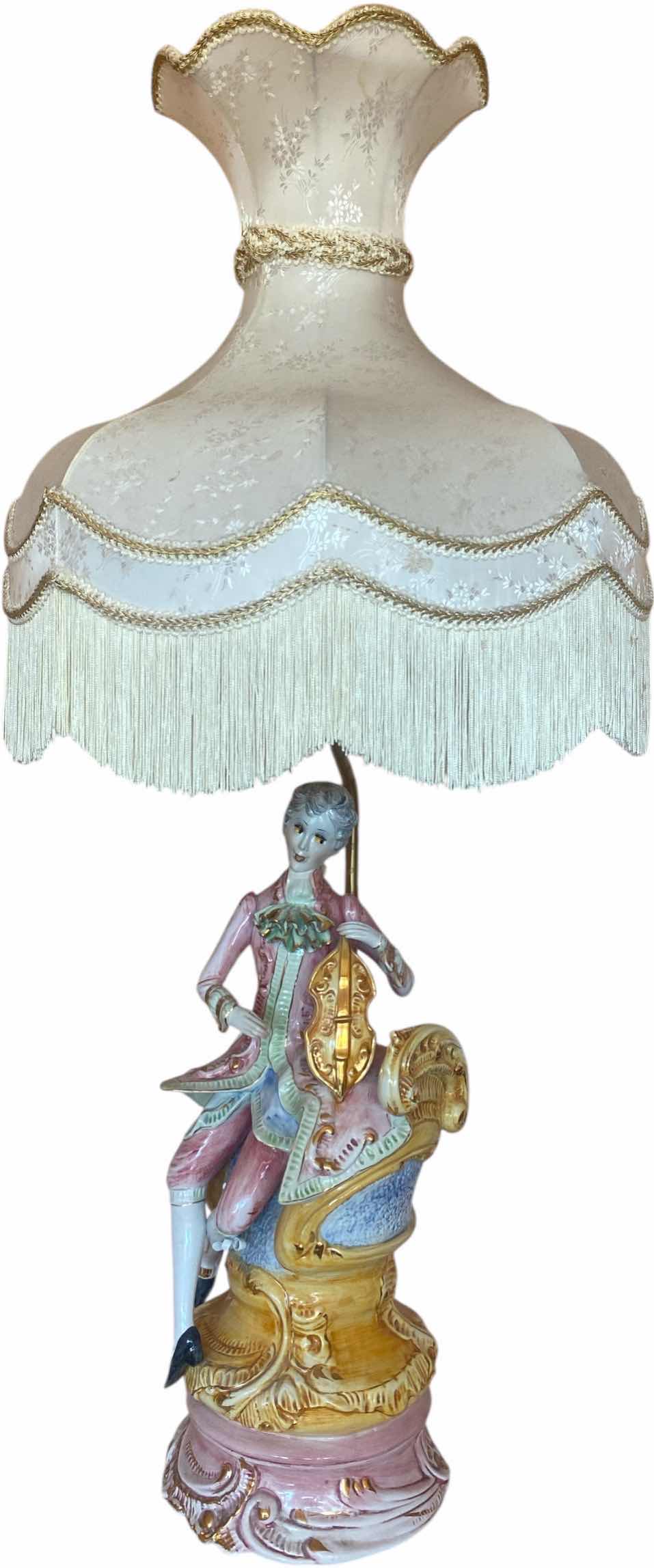 Photo 1 of VINTAGE PORCELAIN ITALIAN TABLE LAMP WITH FRINGE SHADE H45”