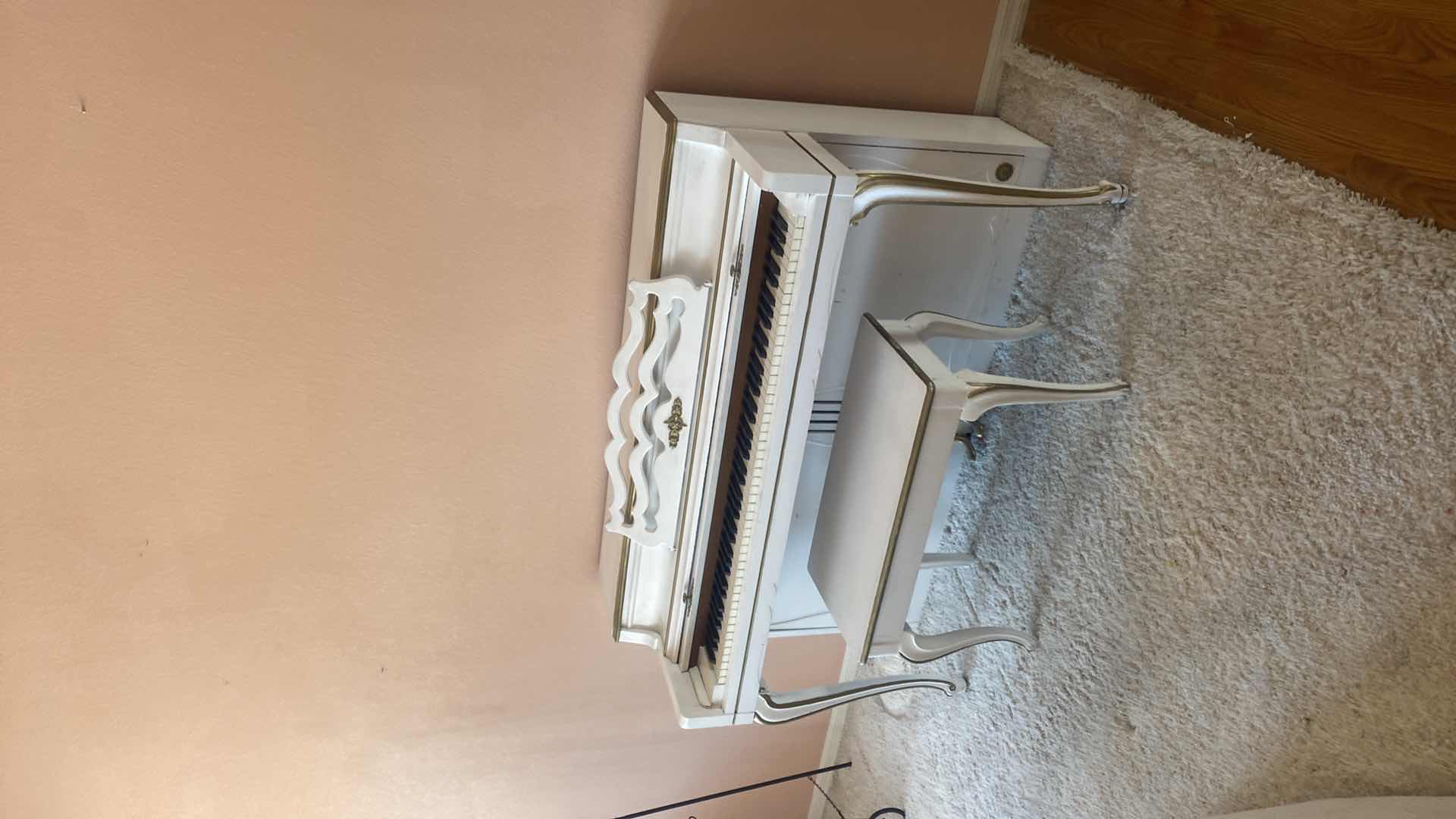 Photo 1 of WHITE PAINTED UPRIGHT PIANO WITH BENCH 57” X 23” H37”