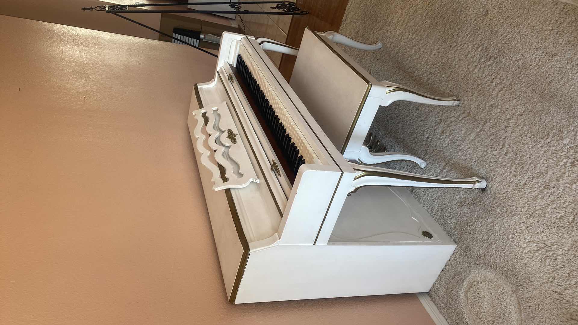Photo 1 of WHITE PAINTED UPRIGHT PIANO WITH BENCH 57” X 23” H37”