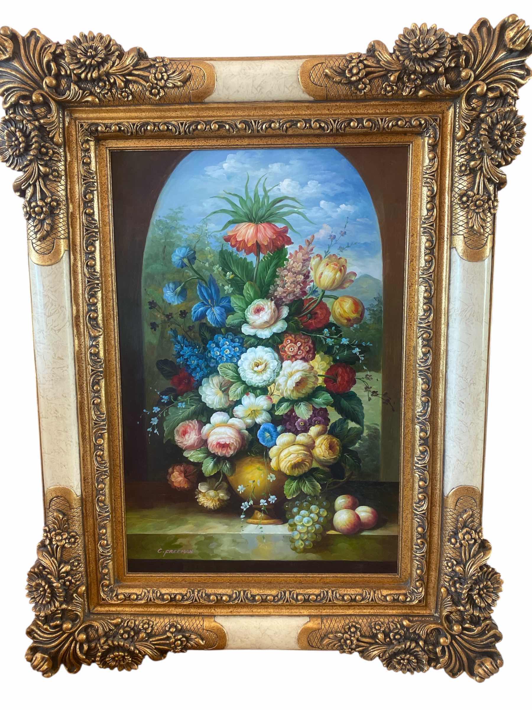 Photo 1 of ORNATE WOOD FRAMED FLORAL ON CANVAS SIGNED C. FREEMAN ARTWORK 41” x 54”