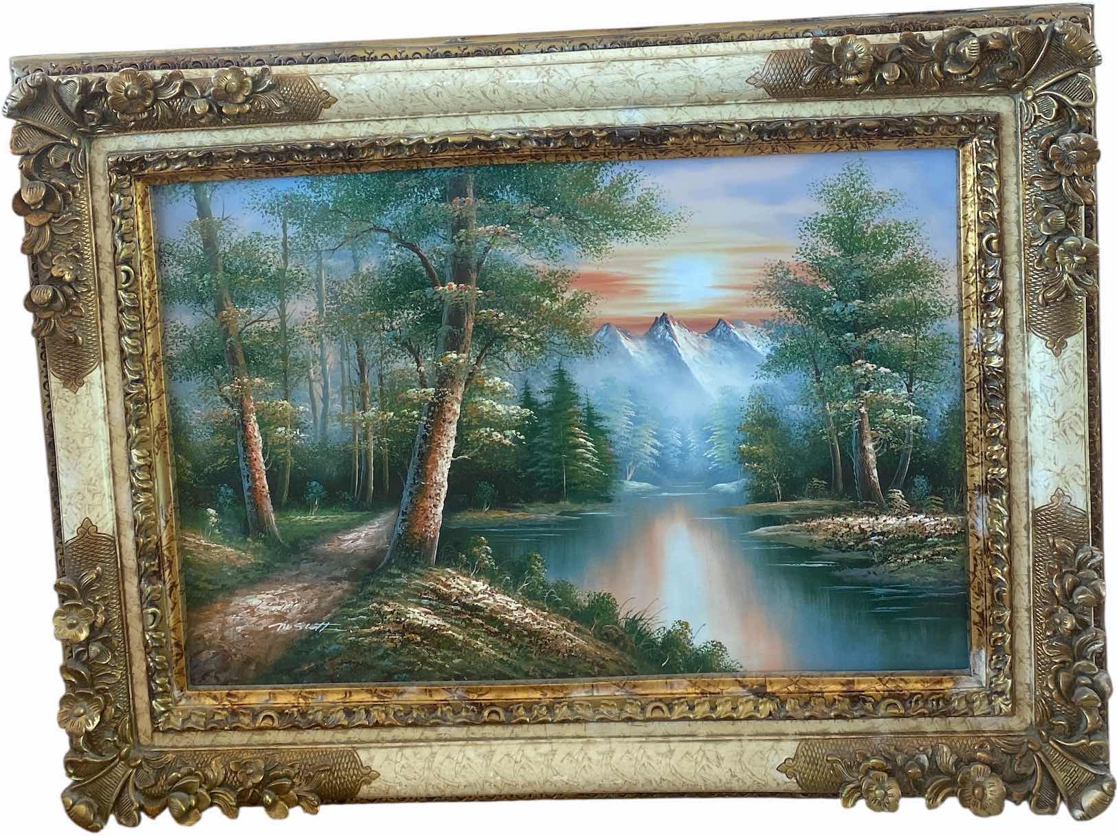 Photo 1 of ORNATE WOOD FRAMED LANDSCAPE ON CANVAS SIGNED NI SCOTT ARTWORK 47” x 36”