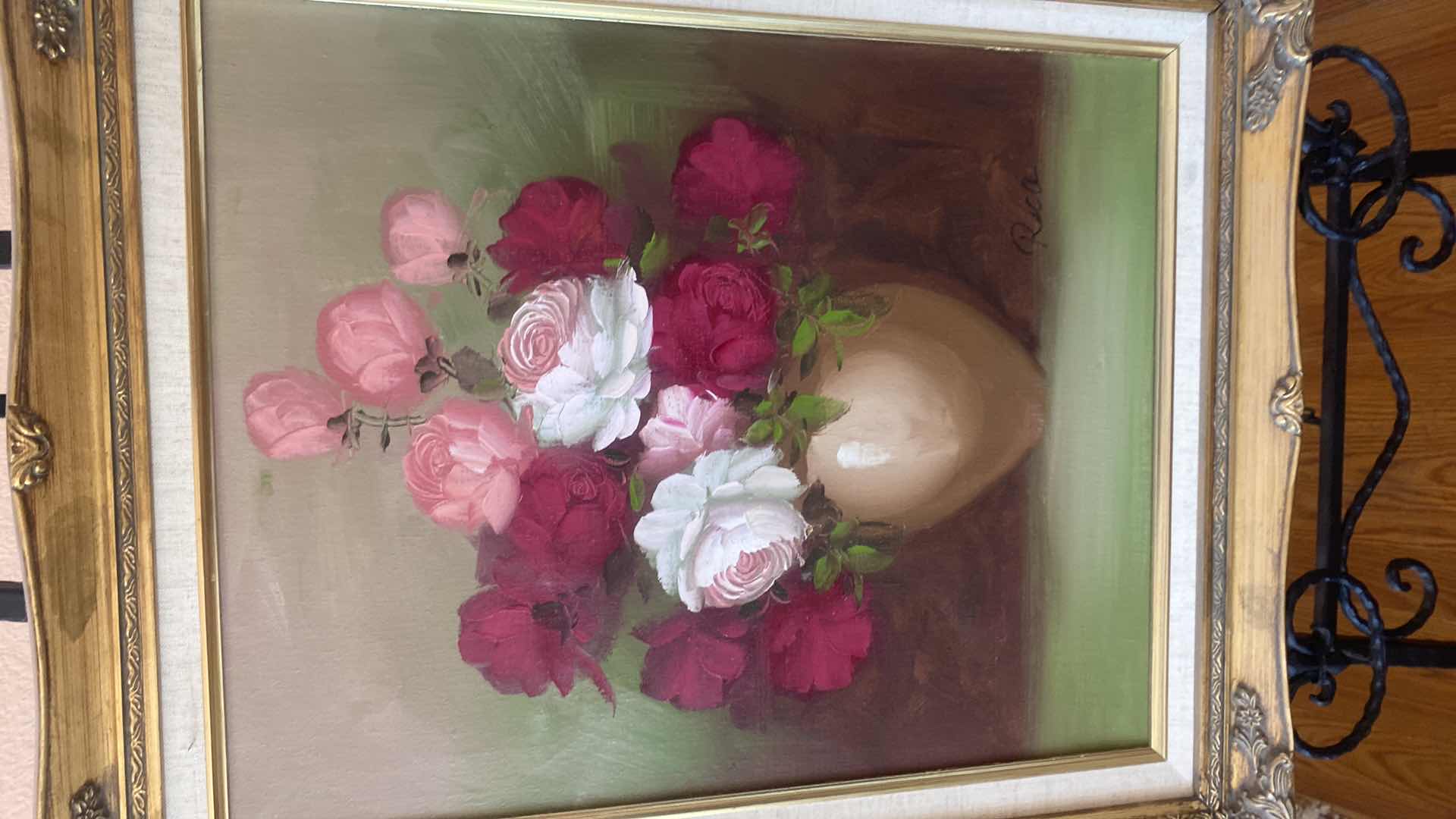 Photo 1 of WOOD FRAMED FLORAL ON CANVAS SIGNED ARTWORK 22” X 25”