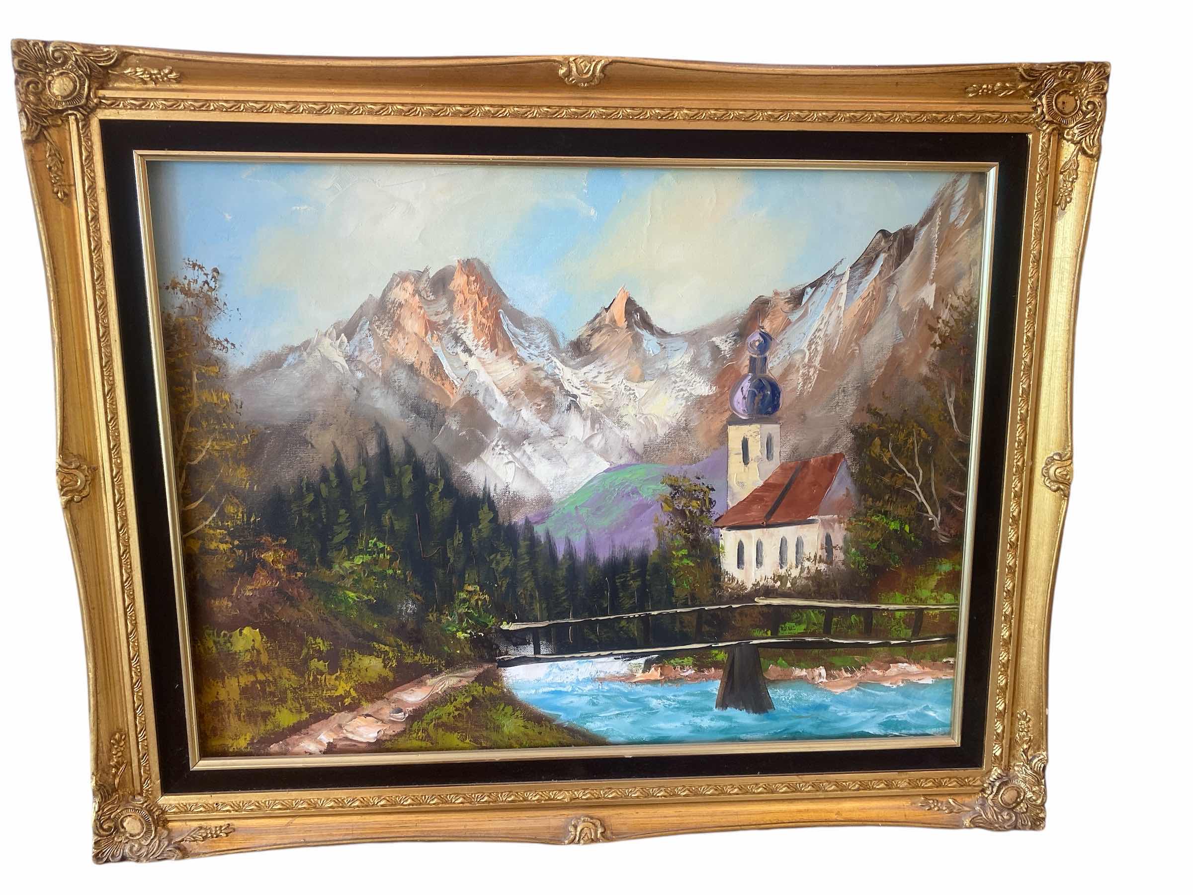 Photo 1 of ORNATE GOLD WOOD FRAMED LANDSCAPE ON CANVAS SIGNED ARTWORK 29” X 24”