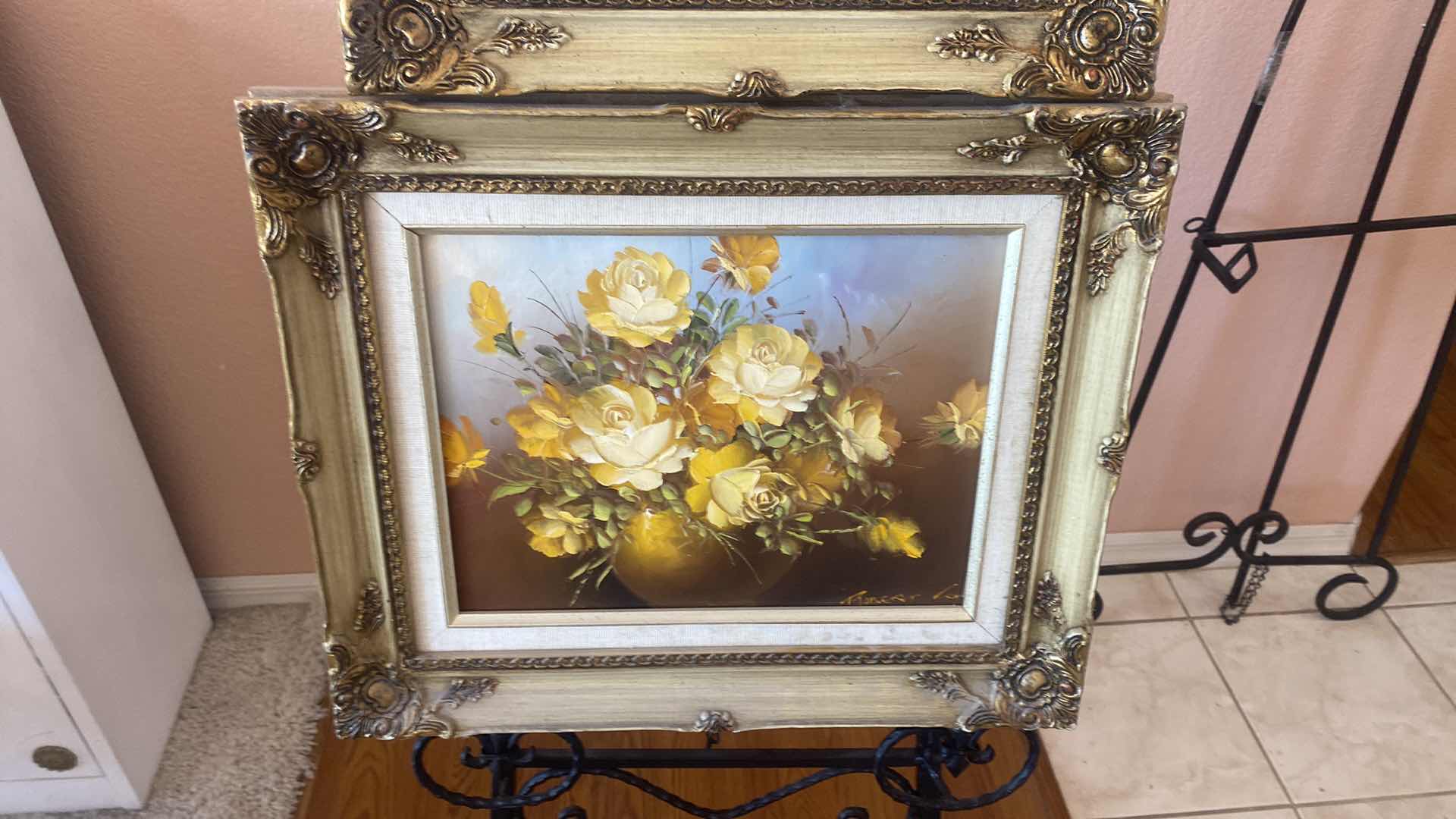 Photo 1 of 2 - ORNATE GOLD FRAMED FLORAL ON CANVAS (1) SIGNED ARTWORK LARGEST 18 1/2” x 16”