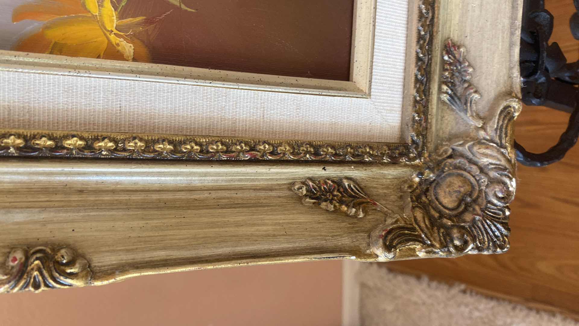 Photo 1 of 2 - ORNATE GOLD FRAMED FLORAL ON CANVAS (1) SIGNED ARTWORK LARGEST 18 1/2” x 16”