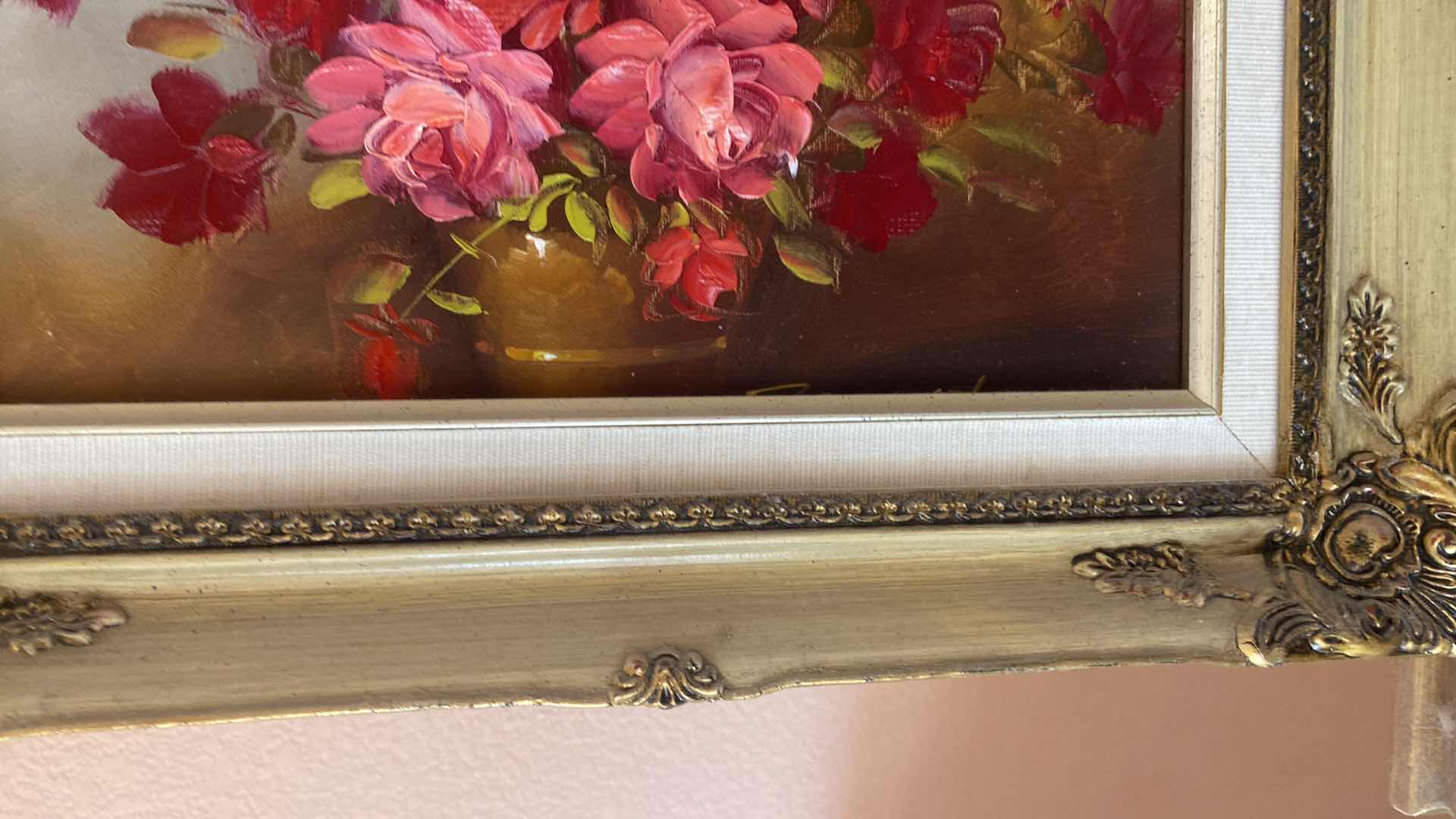 Photo 1 of 2 - ORNATE GOLD FRAMED FLORAL ON CANVAS (1) SIGNED ARTWORK LARGEST 18 1/2” x 16”