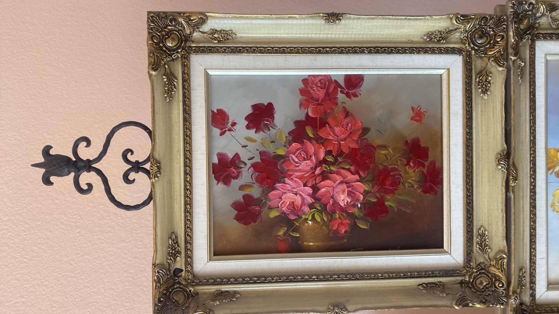 Photo 1 of 2 - ORNATE GOLD FRAMED FLORAL ON CANVAS (1) SIGNED ARTWORK LARGEST 18 1/2” x 16”