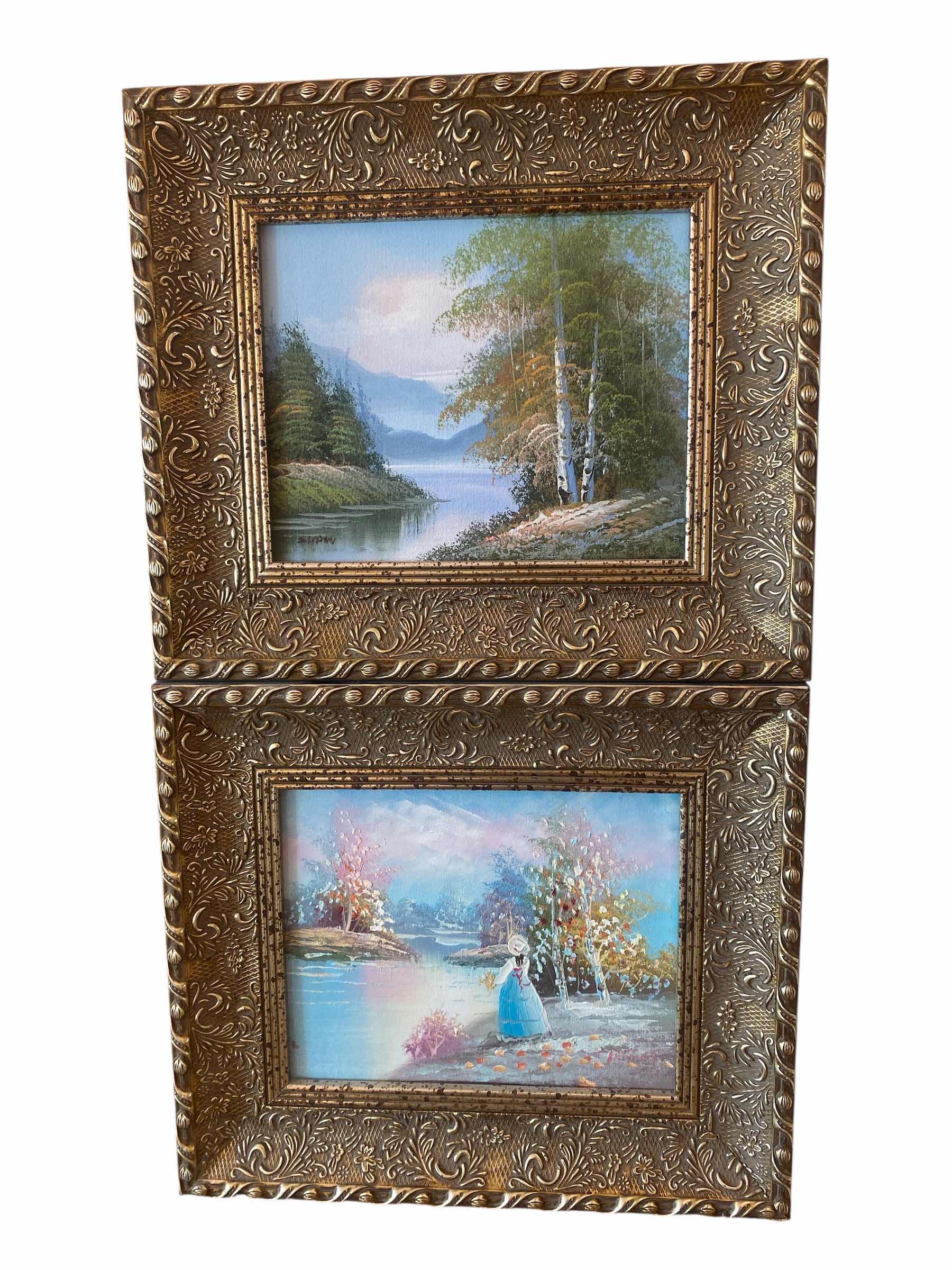 Photo 1 of 2 - ORNATE GOLD WOOD FRAMED LANDSCAPE W GIRL & LANDSCAPE ON CANVAS SIGNED ARTWORK 15” X 13”