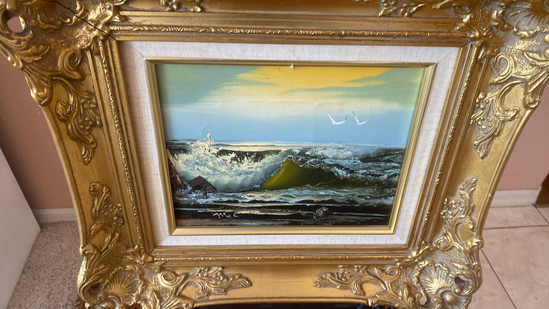 Photo 1 of 2 - ORNATE GOLD WOOD FRAMED LANDSCAPE ON CANVAS SIGNED ARTWORK 17” x 15”