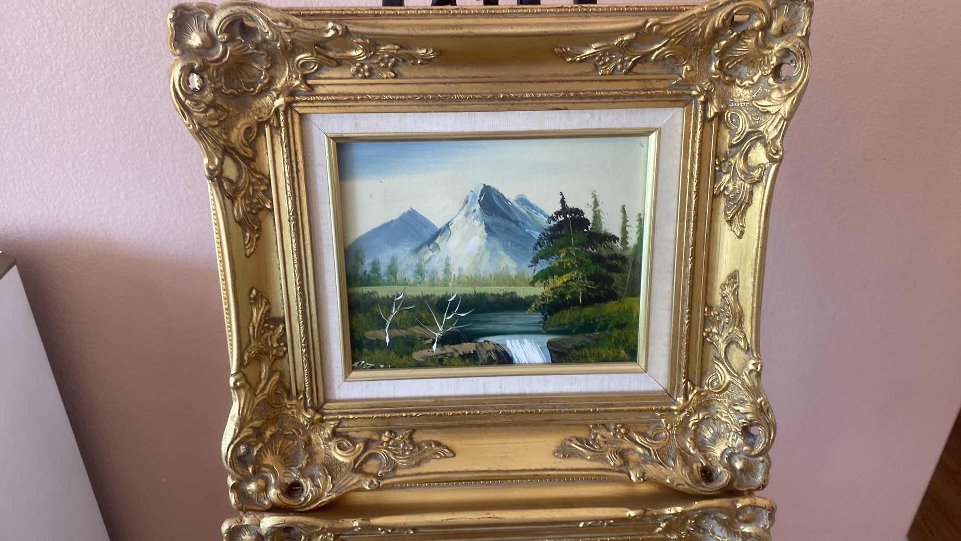 Photo 1 of 2 - ORNATE GOLD WOOD FRAMED LANDSCAPE ON CANVAS SIGNED ARTWORK 17” x 15”