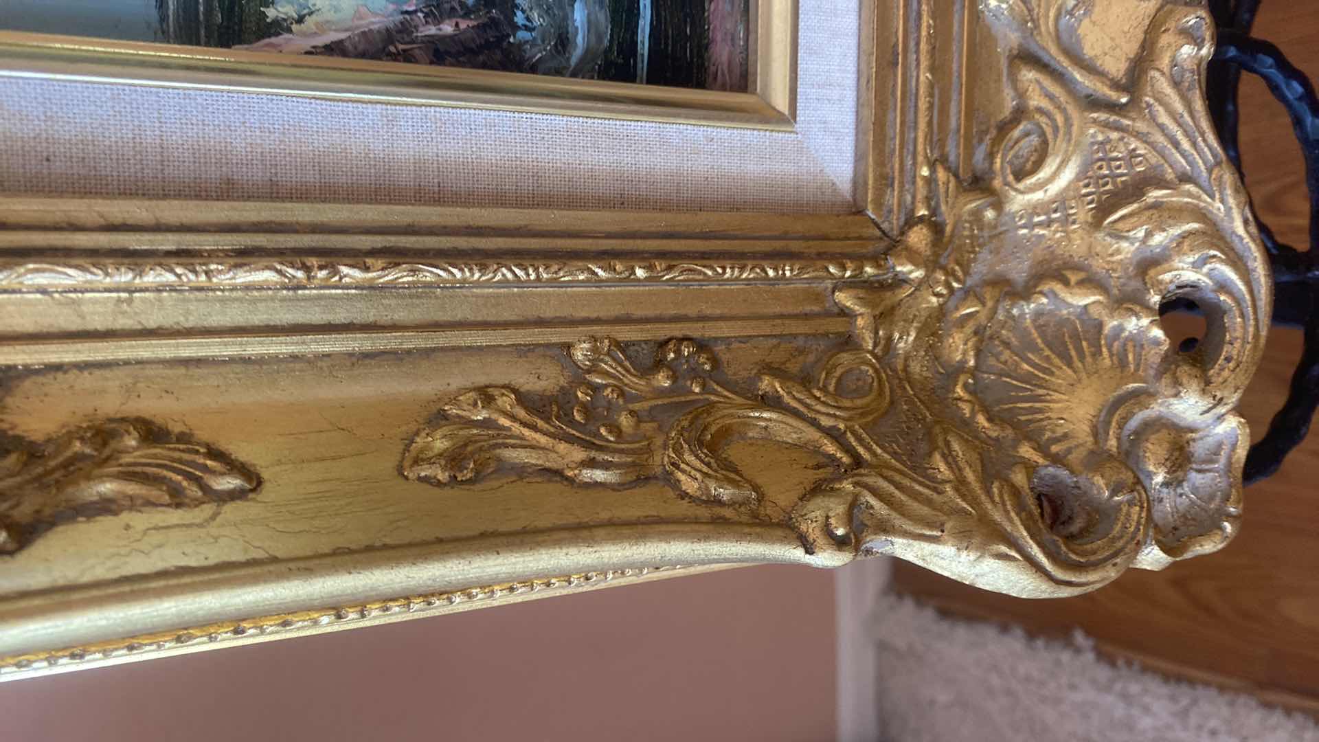 Photo 1 of 2 - ORNATE GOLD WOOD FRAMED LANDSCAPE ON CANVAS SIGNED ARTWORK 17” x 15”