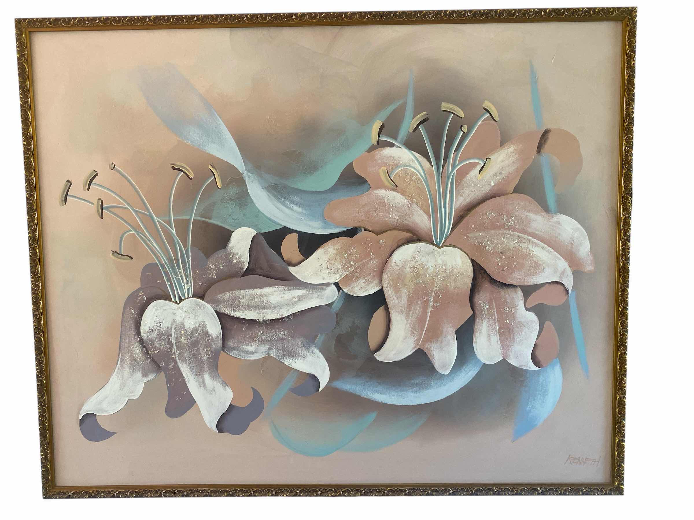 Photo 1 of ORNATE GOLD WOOD FRAMED FLORAL ON CANVAS SIGNED ARTWORK 52” x 42”