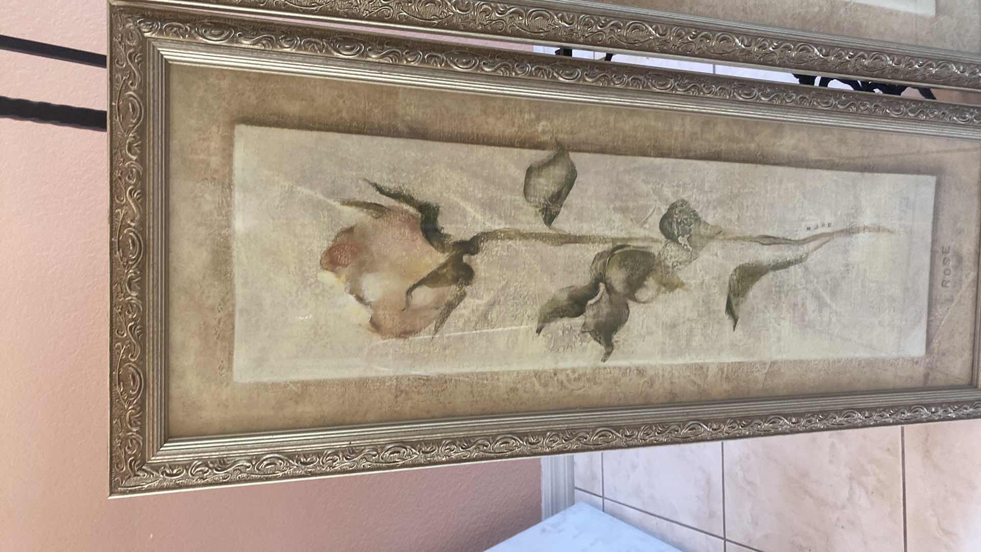 Photo 1 of PAIR OF ORNATE GOLD FRAMED FLORAL PRINTS ARTWORK 15” x 40”