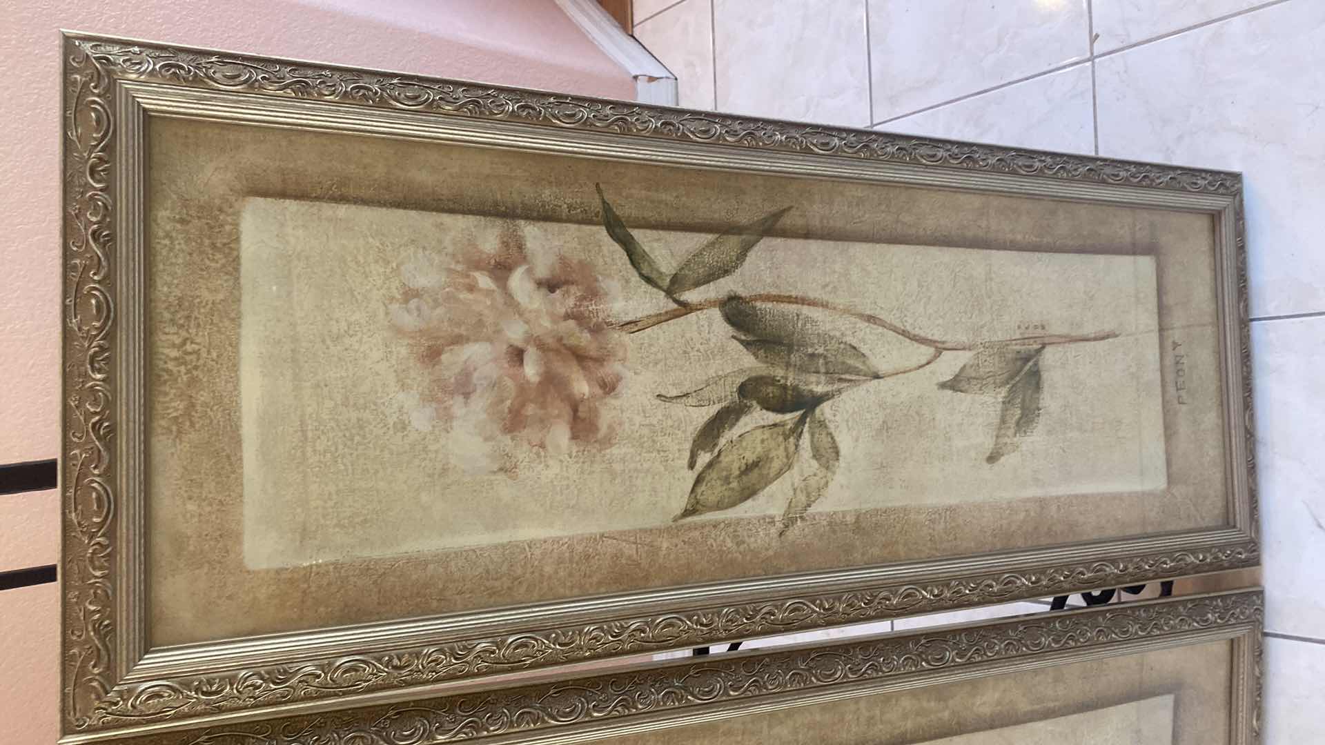 Photo 1 of PAIR OF ORNATE GOLD FRAMED FLORAL PRINTS ARTWORK 15” x 40”