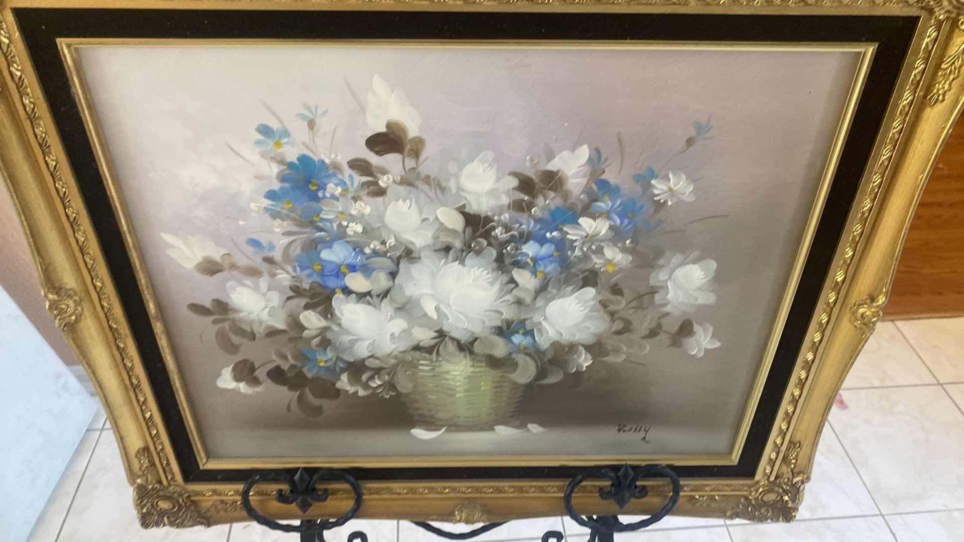 Photo 1 of WOOD GOLD FRAMED FLORAL ON CANVAS SIGNED ARTWORK 25” x 21”