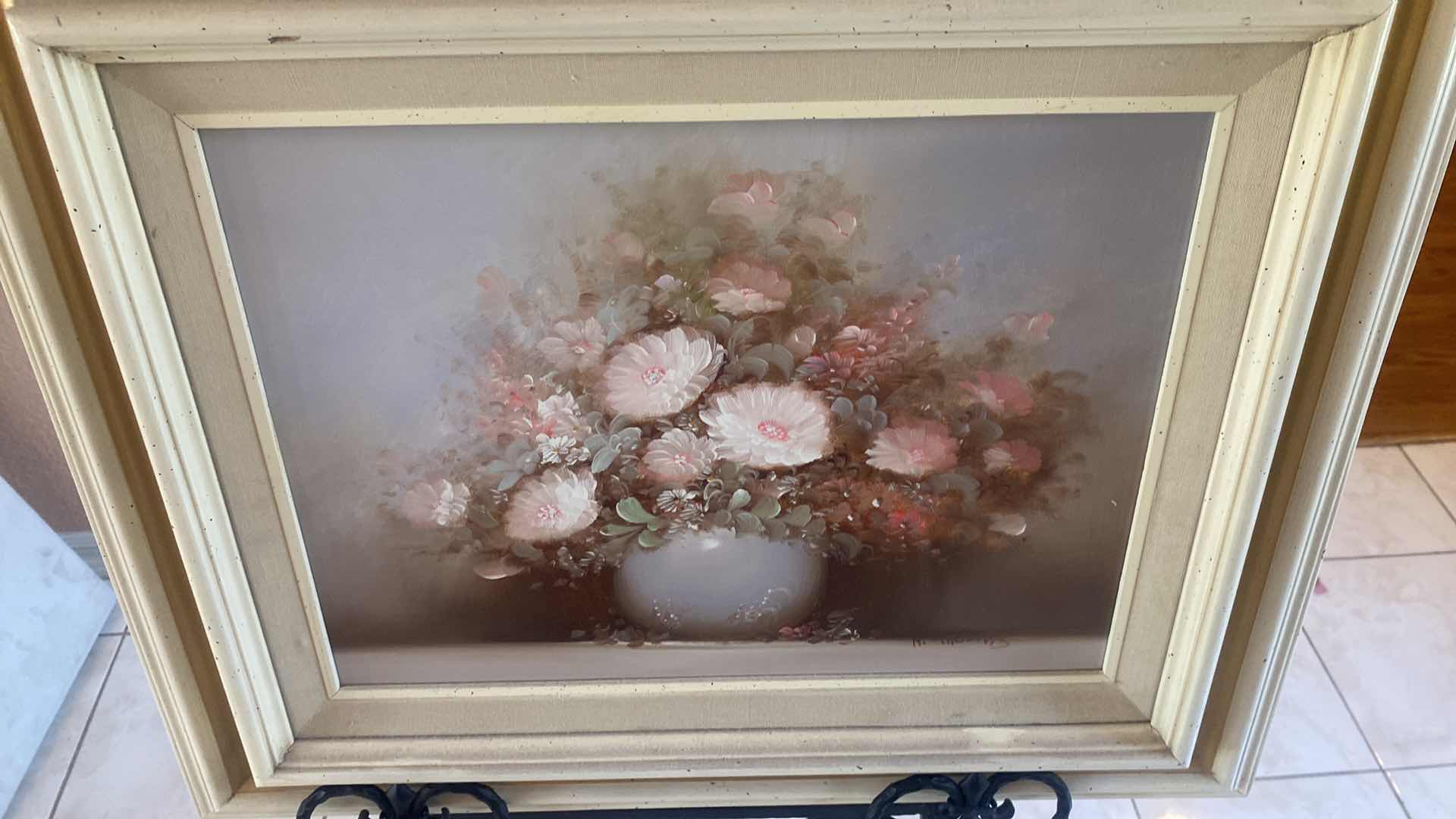 Photo 1 of PAIR OF WOOD FRAMED FLORAL ON CANVAS SIGNED ARTWORK 23” x 19”